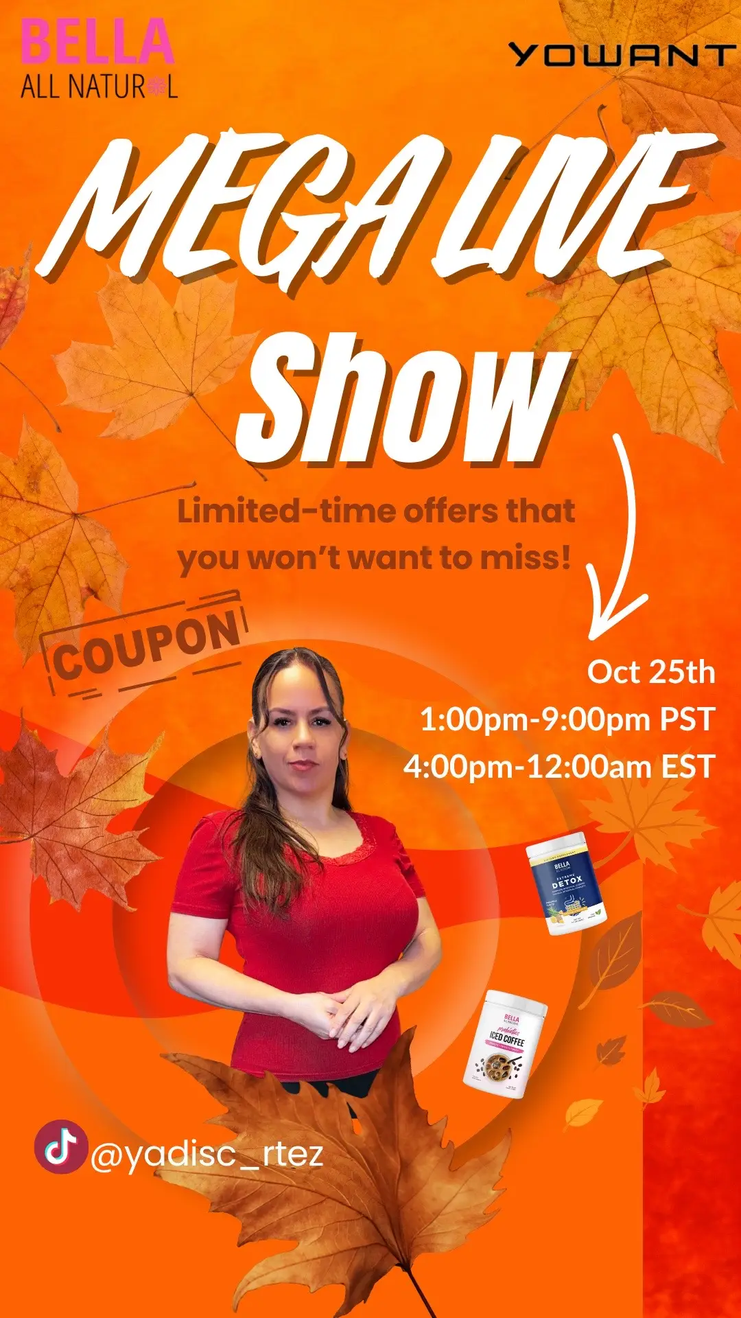 No te lo puedes perder, aquí te espero mañana empezando a la 1:00 pm tiempo pacífico #megalive #bellaallnatural #ofertas 