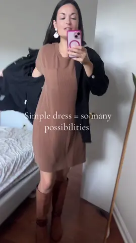 Love this dress. I want it in like 3 more colors. Jacket linked before this video. Boots linked after 💕#browndress #simpledress 