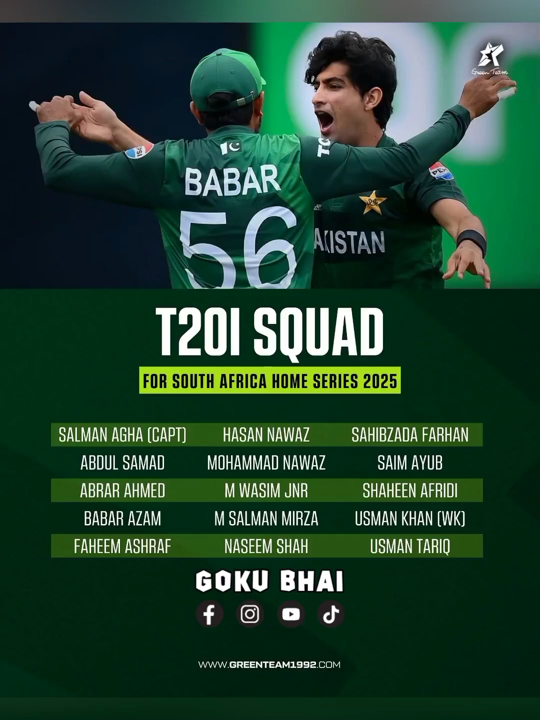 Pakistan Squad For T20i Vs South Africa 2025 😁😎 #babarazam #salmanagha #naseemshah #gokubhai #pak
