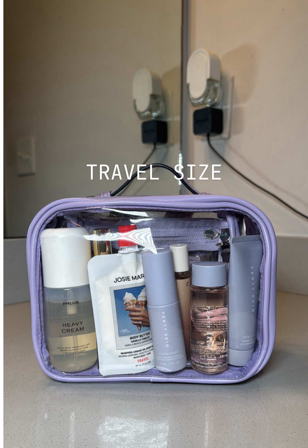 Pack my travel size essentials with me 🤍  #toiletrybag #travelsize 