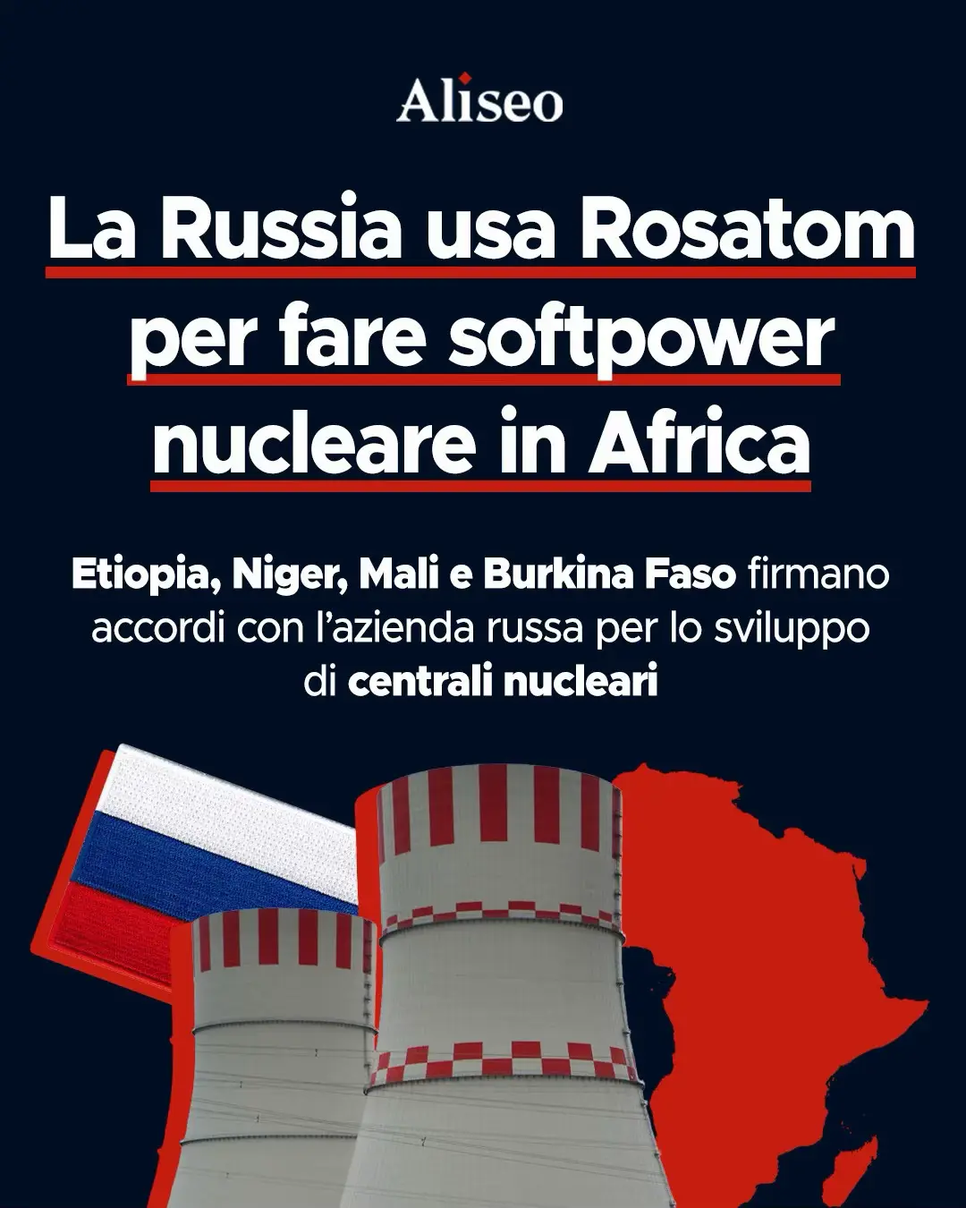 🇷🇺☢️ Negli ultimi mesi, Etiopia, Niger, Mali e Burkina Faso hanno stretto accordi con Rosatom, l'azienda nucleare statale russa, per promuovere lo sviluppo dell'energia nucleare civile. Al momento, il Sudafrica è l'unico Stato africano a disporre di una centrale nucleare funzionante, mentre in Egitto sono in corso i lavori per la costruzione di quattro reattori, frutto di un'intesa siglata con la Russia nel 2015.   L’interesse russo per il nucleare civile è molto vasto. Rosatom controlla circa il 70% del mercato globale delle esportazioni per la costruzione di nuove centrali nucleari. Nel 2023 le sue attività hanno generato un fatturato superiore ai 28 miliardi di dollari e l’azienda ha un portafoglio di ordini esteri che a oggi supera i 200 miliardi di dollari.    L'Africa rappresenta un terreno fertile per questa espansione, data la crescente domanda energetica del continente. Molti Stati africani, impegnati da tempo a colmare il divario infrastrutturale ed energetico, potrebbero trovare nelle proposte di Rosatom una soluzione per garantire un approvvigionamento energetico stabile e favorire lo sviluppo economico.   Durante l’African Energy Week 2025, svoltasi a Città del Capo dal 29 settembre al 3 ottobre, Rosatom ha presentato un progetto ambizioso: la costruzione di reattori modulari di piccole dimensioni (Small Modular Reactions) e di centrali nucleari galleggianti, in grado di fornire energia pulita anche alle regioni più isolate del continente.   Gli accordi siglati con Rosatom comprendono non solo la costruzione degli impianti, ma anche la formazione del personale locale, il supporto tecnico per la manutenzione e la fornitura del combustibile nucleare necessario al loro funzionamento.   In questo scenario, Rosatom si è affermata come uno strumento chiave della diplomazia russa. Attraverso questi contratti, Mosca riesce a creare vincoli politici ed economici che rafforzano la dipendenza dei Paesi africani dal Cremlino, cementando la propria influenza nella regione.   Qual è la strategia russa in Africa?   Ne parliamo nell’ultimo numero della rivista di Aliseo, “Il mondo dei russi”. Puoi leggerlo al link in bio.