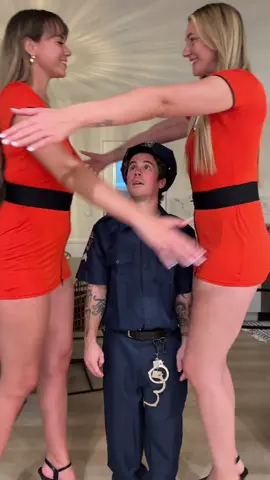 Mr. Officer and his 2 giant inmates 😆👮‍♀️🚨 #halloweencostume #tallgirl #tall #shortguys #longlegs 