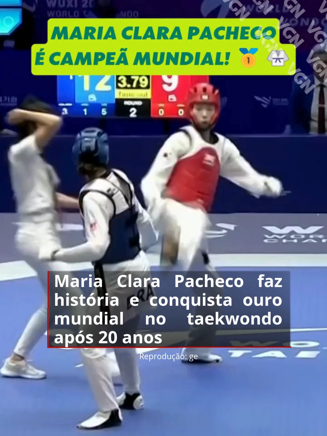 A atleta Maria Clara Pacheco venceu a sul-coreana Yu-Jin Kim nesta sexta-feira (24.10) e se tornou campeã mundial na categoria até 57 kg, em Wuxi, na China. O título quebra um jejum de duas décadas sem ouros para o país — o último havia sido conquistado por Natália Falavigna, há 20 anos. Líder do ranking mundial, Maria Clara confirmou o favoritismo e entrou para a história como a segunda brasileira campeã mundial da modalidade. #vgnoticias #Taekwondo #MariaClaraPacheco #CampeãMundial