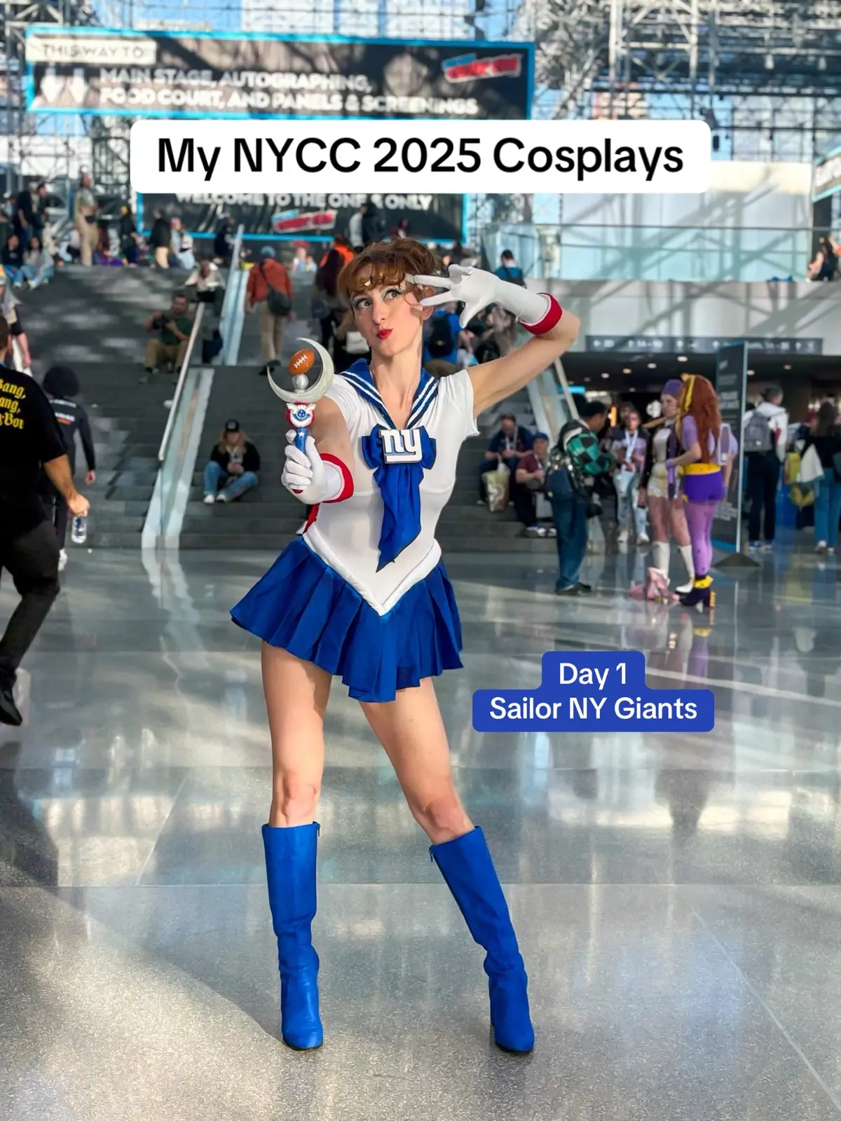 My NYCC cosplays this year? Iconic (if I do say so myself). Still in the post-@New York Comic Con blues but wanted to share photos of all my cosplays this year! This was my first time going all four days and  it was such an exhilirating (and exhausting) weekend that I can’t wait to do again!  Day 1: Sailor NY Giants. The @New York Giants played the Eagles on the first day of the con so why not make a mashup of two things I love: anime & football. And to match, @Erika Marie cosplayed as my nemesis for the day, Sailor Eagles (go check her out 😚). Day 2: Poison Ivy. This New 52 look is really special because I made this all by myself and it was my first sewing project 🥹. The number of times I got called Shego though…le sigh. Day 3: Anastasia. One of my favorite cosplays hands down. Wearing this dress is a dream and while walking around the con was tough, it was worth it to look and feel like a princess.  Day 4: Helly R. My easiest cosplay since this is just what I wear to work 🤪 and if you haven’t watched @Apple TV’s Severance yet, add it to your watchlist ASAP, please & thank you 🥰 That’s a wrap for NYCC 2025. See you next year!  #cosplayer #newyorkcomiccon #nycc #comiccon 