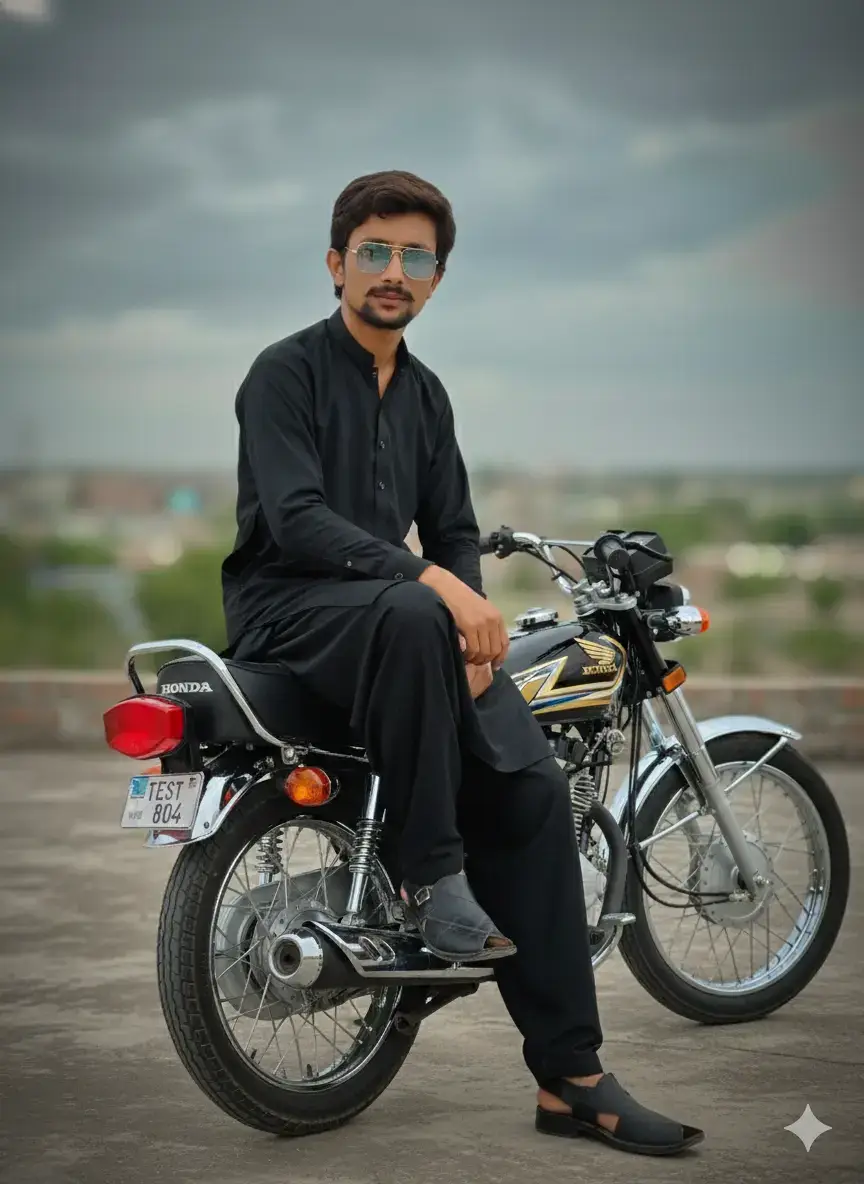 Hyper realistic cinematic full body portrait of the same young man (face unchanged) sitting casually on a shiny black Pakistani version honda cg 125 gold edition motorcycle with chrome details wide tires and visible rear plate with custom test 804 He wears an uploaded dress like Black Shalwar Kameez clean light fade sunglasses Relaxed pose one leg crossed 100% face matching (unchanged face #trending #viral #foryou #chatgpt #gemini 