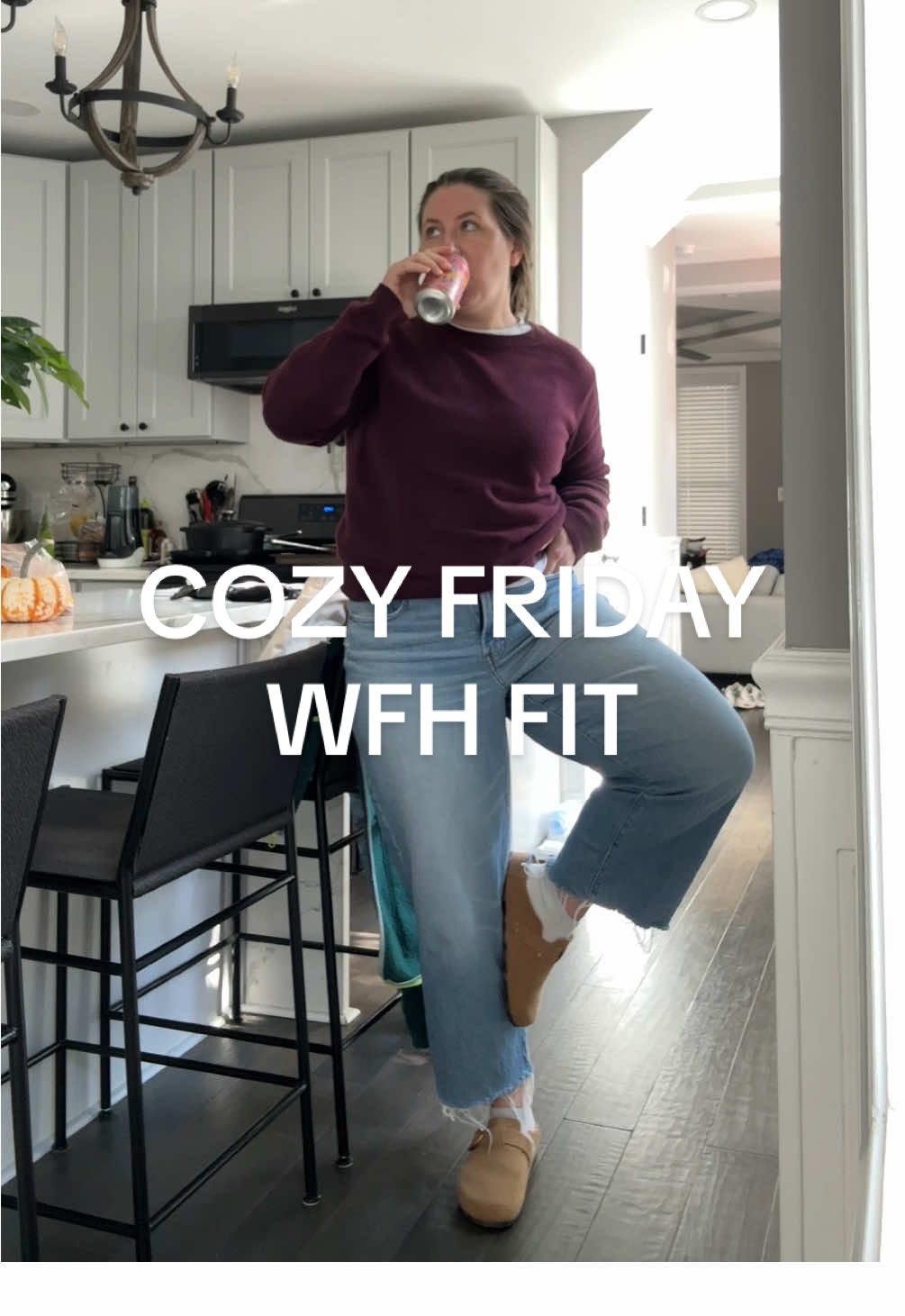 Comfy cozy Friday work from home outfit featuring the softest sweater from @Gap, best jeans from @madewell, cutest clogs from @Rothy’s, and tastiest drink from @LaCroix Sparkling Water #OOTD #wfhoutfit #fallfashion 