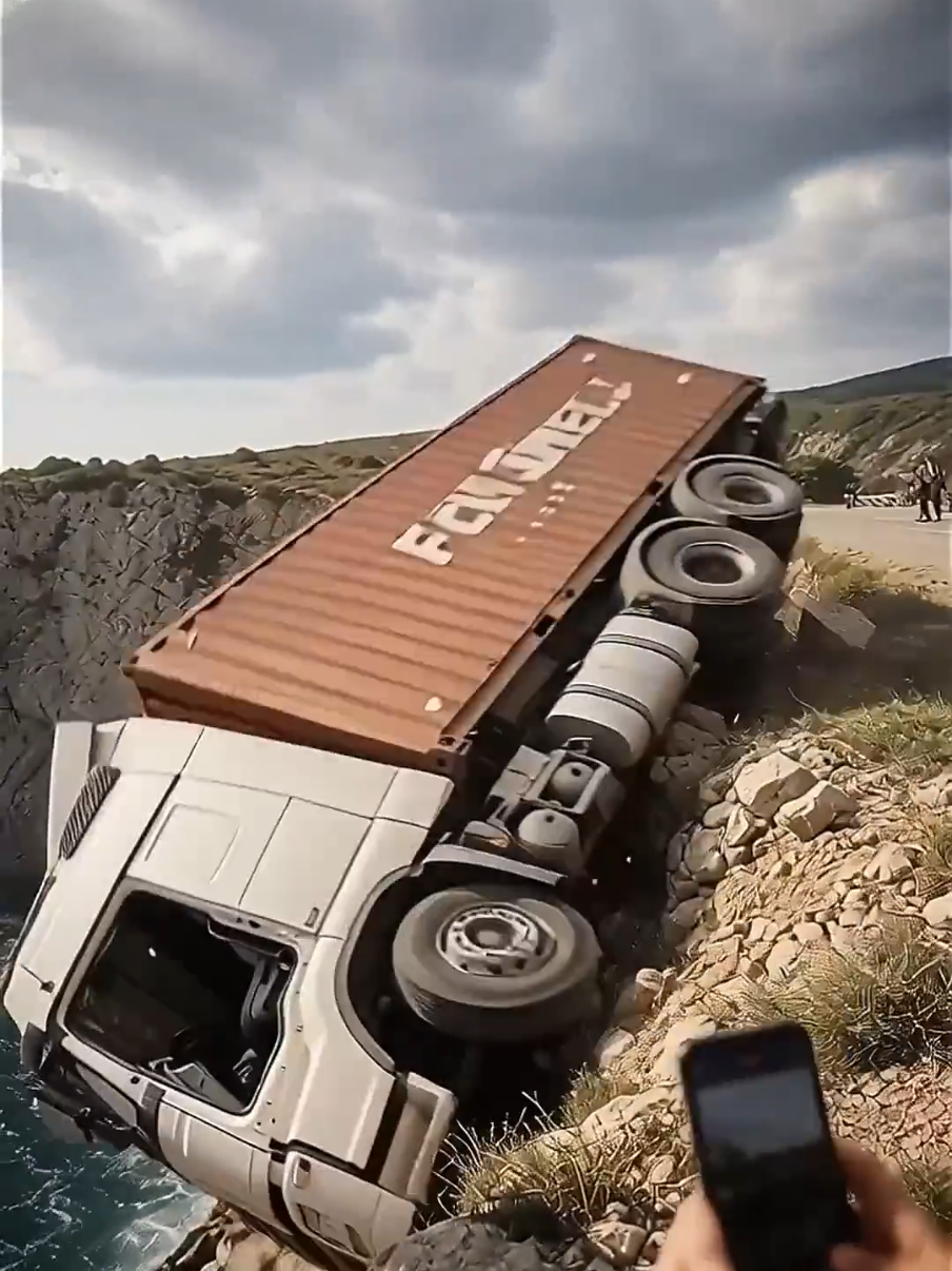 🌊 A truck plunges off a cliff! Drivers at risk! 😱🏚️ #truckaccident 