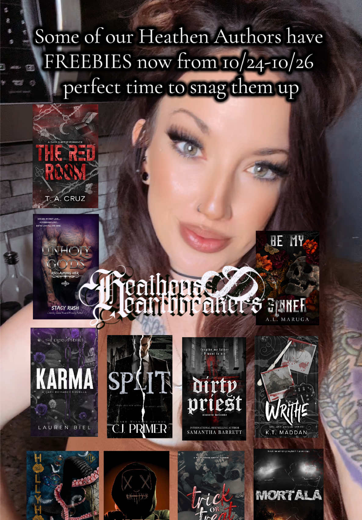 The dark romance team is hosting a spook your kindle event now 10/24-10/26 and a few of our @Heathens & Heartbreakers authors are participating so go snag yourself some of their books for FREE and add to the TBR to prepare for June 2027 😁❤️‍🔥 #darkromance #darkromancebooks #bookbesties #spookyourkindle #freebooks 