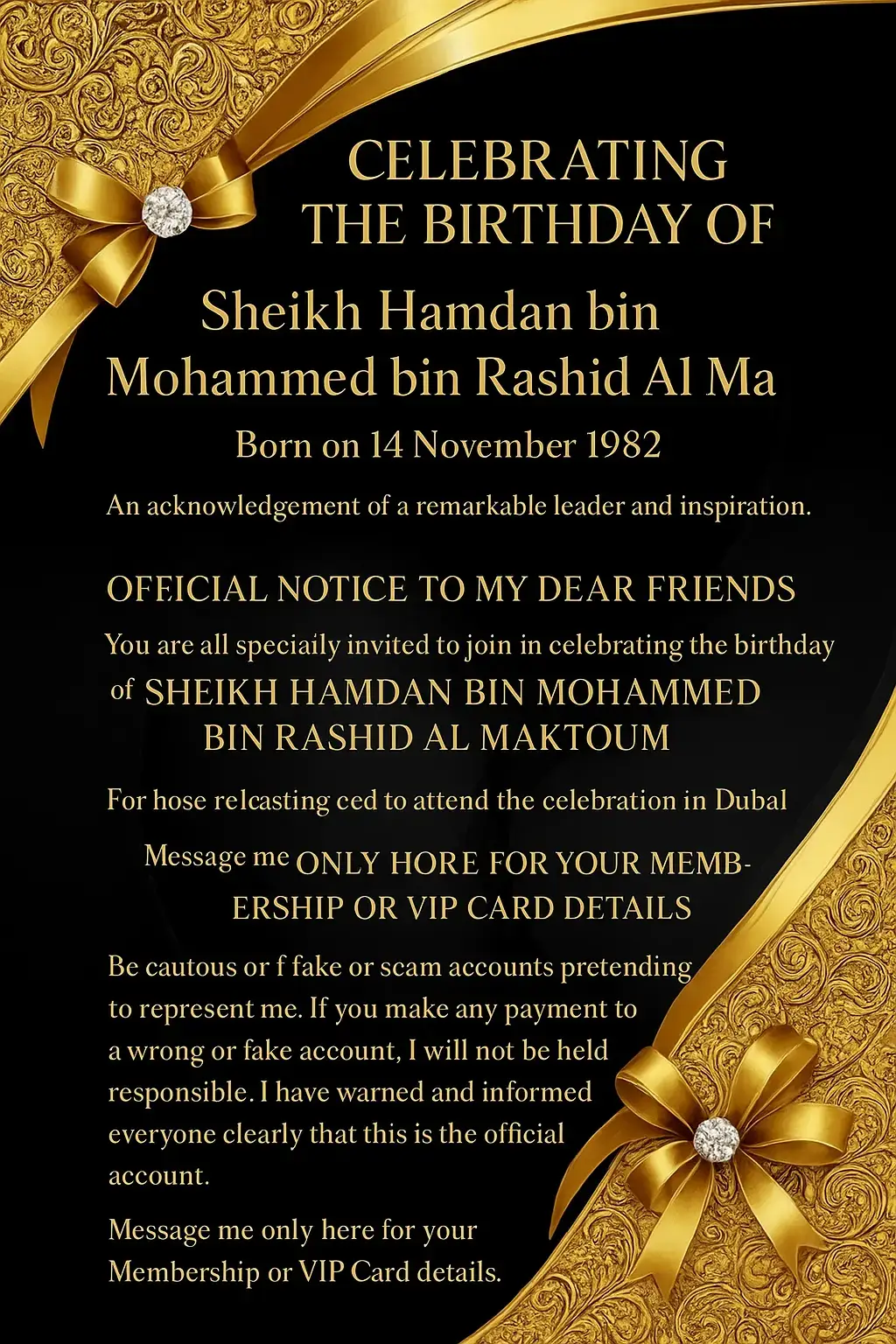 message me now on this my official accountnote this if anyone ask you for money for the membership card do not sell any money for anyone message me now and this is my official account #Sheikh #Hamdan_official 