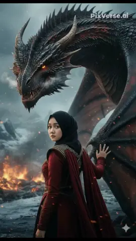 Sang Ratu dan Bodyguardnya..  Prompt Foto 📷 Foto di lingkungan yang dingin dengan suasana perang dan api panorama dengan 1 tubuh dan wajah naga besar melihat wanita di latar belakang, seperti di Game of Thrones. Panorama harus sedikit buram, dan wanita muslim berhijab cantik itu harus berdiri tegak membelakangi kamera dan wajahnya menoleh ke kiri dengan tatapan misterius yang mengancam, hanya kepalanya yang menoleh ke kiri, meraih drogon dari salh satu sisi sayapnya dan dia harus mengenakan pakaian merah hitam dari Targaryen yang sedikit buram, sehingga wajah dan fitur wajahnya terlihat. Gunakan wajah wanita yang sama dari foto yang saya berikan tanpa mengubah wajahnya. Kualitas gambar HD, terlihat realistis, dan rasio aspeknya 9: 16. Prompt Gerak 🌪 gerakan naga dan wanita berjalan perlahan #gemini #fotobergerak #prompt #editing #ai 