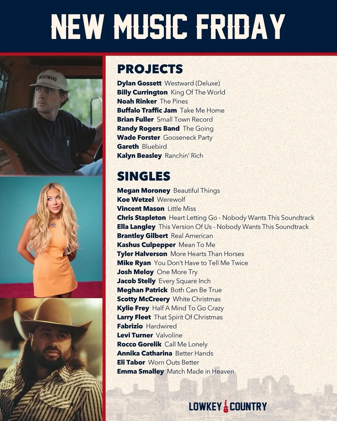 New week, new country. What’s your favorite release this week?  Cover: @dylangossett @Megan Moroney @Koe Wetzel  #NewMusic #CountryMusic #NewCountry @billycurrington @noahrinker @buffalotrafficjam @Brian Fuller @randyrogersbandmusic @Wade Forster @Gareth @kalynbeasley @Vincent Mason @Ella Langley @Chris Stapleton @Brantley Gilbert @Kashus Culpepper @Tyler Halverson @Josh Meloy @Jacob Stelly @Meghan Patrick @Larry Fleet @fabrizio_music_ @Annika Catharina @elitabormusic @Emma Smalley 
