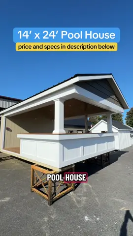 This 14’ x 24’ Bel Air Pool House was designed for making the most of summer days - and nights. With a 16-foot porch that spans the front, there's plenty of room to relax, entertain, or unwind after a swim. The exterior pairs almond SmartTec siding with a cedar impression accent gable and a sleek black metal roof, giving this pool house a classic yet elevated look that stands out in any backyard. Under the porch, the details shine — a weathered oak tongue & groove ceiling, Spiced Teak composite flooring and bartop, and dimmable recessed lighting set the perfect mood whether it's a laid-back afternoon or an evening get-together. Inside, 15-lite fiberglass double doors open to a space equipped with a media outlet for hanging a TV, so you're always ready for the next game or movie night. Stylish, functional, and built to last — the Bel Air makes every pool season feel a little more like vacation. Total Price: About 26k with Site Prep and local delivery #poolside #backyarddesign #custombuilt #outdoorliving #backyardinspo 