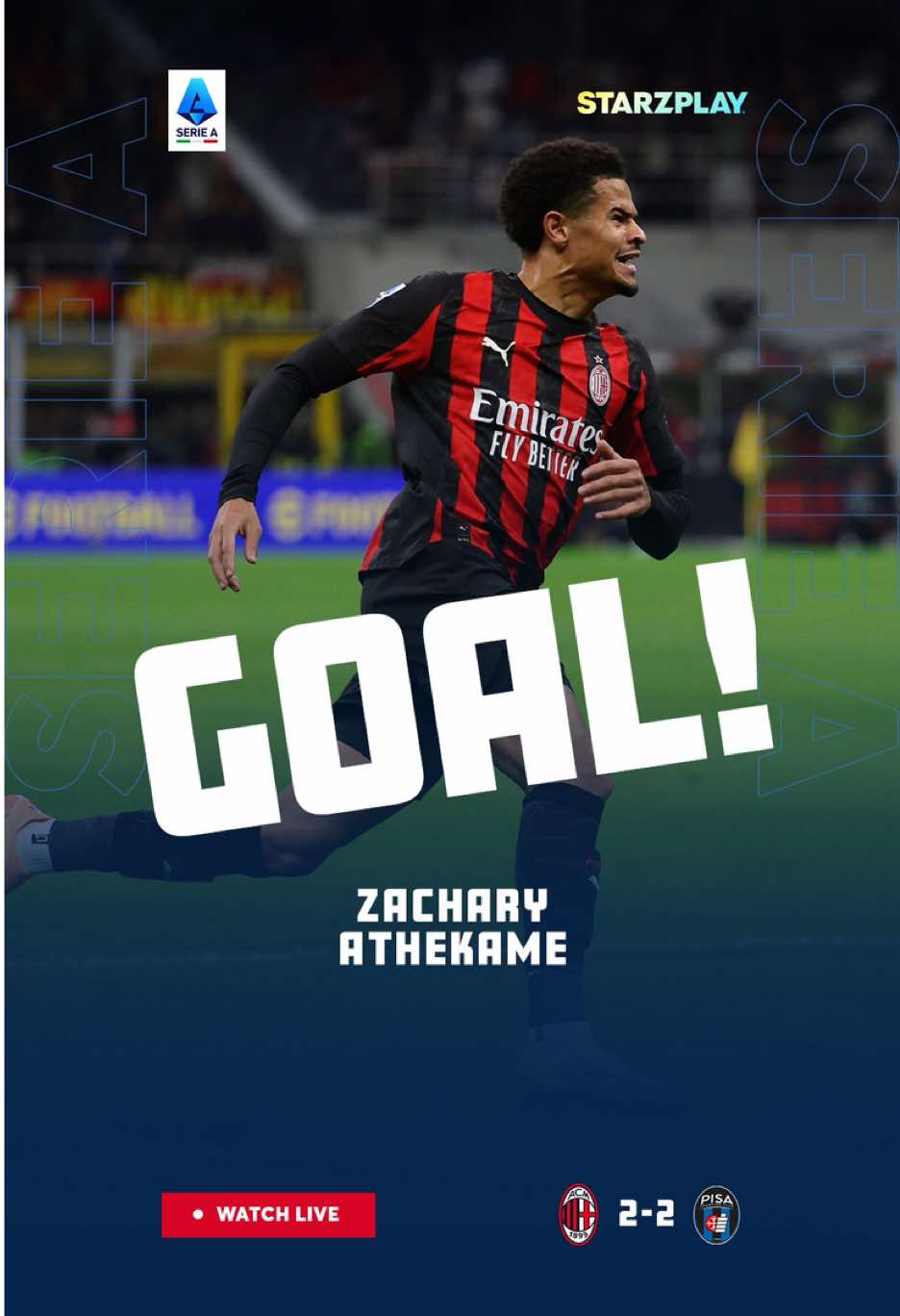 تسديدة رائعة من أثيكامي تعيد التعادل لميلان Athekame’s long-range beauty brings Milan level again. #SerieA #ZacharyAthekame #ACMilan #STARZPLAY