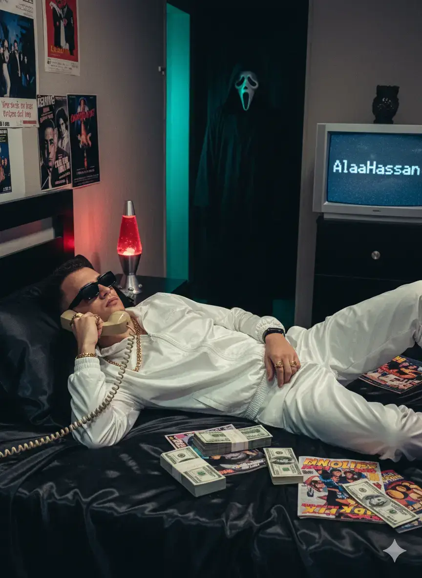A cinematic 90s-style photo of a young man lying on a black satin bed, holding a vintage landline phone, looking thoughtful. He wears a shiny white tracksuit, elegant black sunglasses, gold rings and necklace. On the bed are stacks of US dollar bills and retro magazines, with a red lava lamp glowing softly. Behind him, a dark hallway reveals a mysterious figure wearing a black hood and a white Ghostface mask, slightly illuminated by blue-green light. The room walls are decorated with vintage posters, and an old TV screen in the background displays the text 