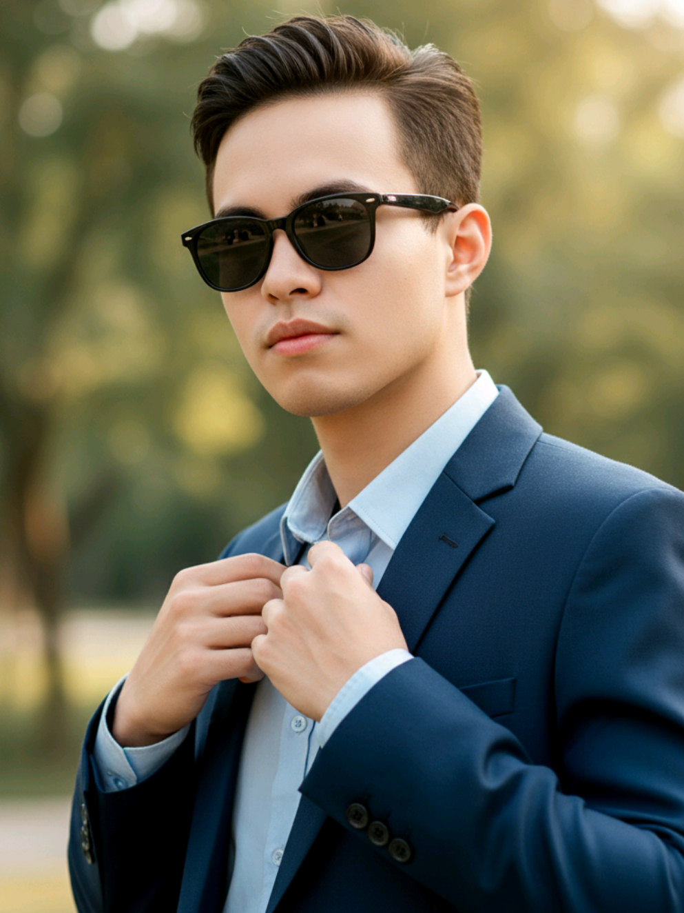 Prompt Ai pria bergaya memakai jas Buatkan gambar hyper-realistic, wajahnya sama persis dengan foto referensi (100% tanpa perubahan pada wajah, mata, struktur wajah, alis, hidung, bibir dan juga jangan merubah bentuk badan) Seorang pemuda percaya diri sedang merapikan kerah kemejanya di luar ruangan, mengenakan setelan jas biru tua dan kemeja biru muda, berkacamata hitam modis, dan rambut pendek yang ditata rapi. Pose: Pria berdiri dengan postur tegap, bahu sedikit menghadap ke samping. Kedua tangannya sedang menaikkan atau merapikan kerah kemeja bagian depan, seolah sedang bersiap atau memperbaiki penampilan, dengan ekspresi tenang dan percaya diri. Latar belakangnya berupa dedaunan hijau yang diburamkan lembut dengan efek bokeh sinar matahari. Cahaya alami, komposisi sinematik, kedalaman bidang yang dangkal, fotografi potret profesional, fokus tajam pada wajah dan tangan, tampilan elegan dan modern, beresolusi sangat tinggi, 8K, fokus tajam, detail tajam. #fashion #fypage #fypシ゚ #fyppppppppppppppppppppppp #fyp 