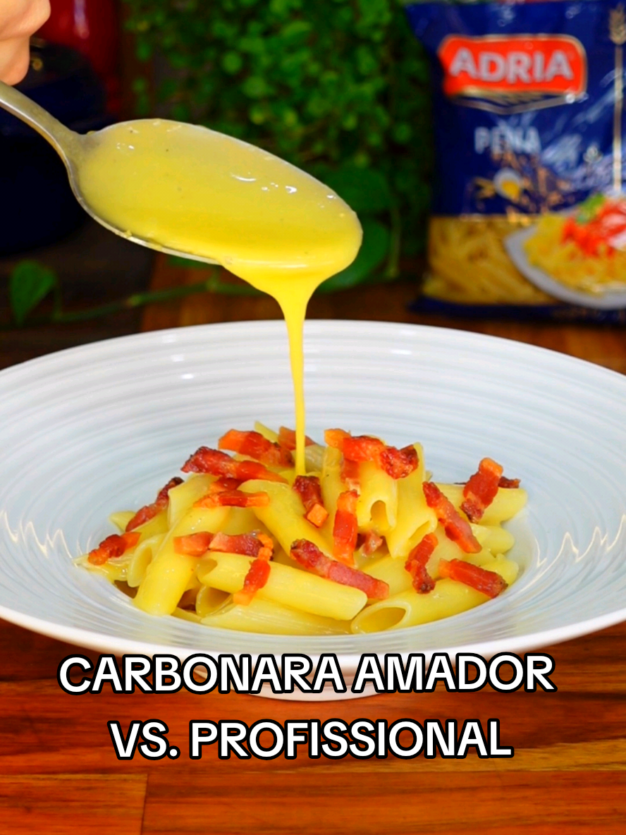 Carbonara amador vs. profissional!  . Amanhã é comemorado o dia do macarrão e nada melhor do que um Carbonara feito com as massas da @Adria Alimentos  para comemorar essa data. Independente se a versão da receita for amadora ou profissional com Adria não tem erro!  .  Ingredientes da versão profissional:  250g de macarrão (Penne Adria - Massa com ovos)  100g de guanciale  4 gemas  100g de queijo pecorino  Bastante pimenta-do-reino moída na hora  Sal  .  Ingredientes da versão amadora:  250g de macarrão (Spaghetti Adria - Massa com ovos)  100g de bacon  4 gemas  100g de queijo parmesão   Pimenta-do-reino moída  1/3 xic de creme de leite   Sal #AdriaAlimentos #SemanaDoMacarrão #Adria #DiadoMacarrão #MuitoSabor  Publi