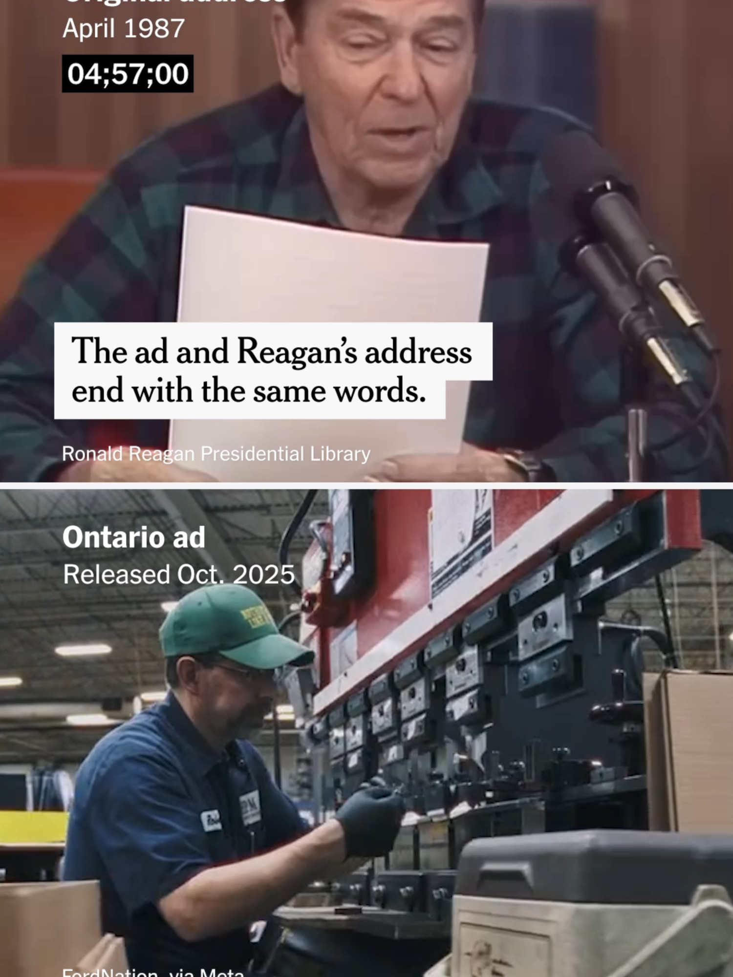In calling a halt to trade talks with Canada, President Trump pointed to an anti-tariff ad paid for by the province of Ontario that used a speech President Ronald Reagan made decades ago, reproducing the quotes accurately, but changing the order he said them. #Trump #Canada
