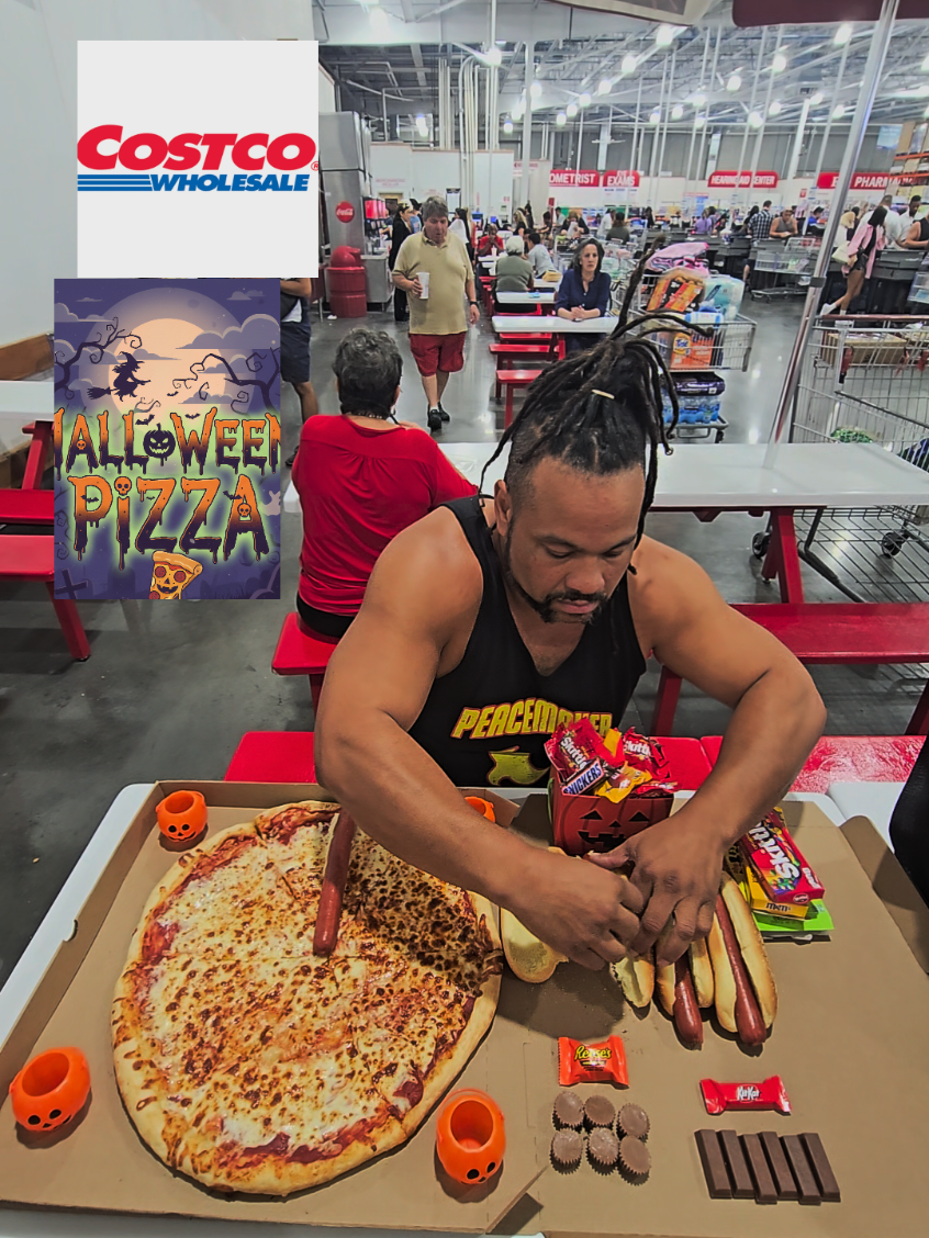 let me know if y'all would try ? it's a spooky combination.  Holloween Costco Pizza  whole cheese only $9.95 ENORMOUS  264 grams of protein  #foodhack #hack #viralvideo #fyp 