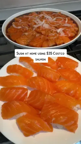 Homemade sushi for under $35!  I used farm raised Costco salmon and followed these steps. Curing mixture: 3 tbsp salt, 3 tbsp sugar. Sashimi sauce: 3 tbsp light soy sauce, 1 tbsp mirin, 1 tsp sesame oil, 1 tbsp lime juice, 1 tsp agave/honey/sugar, 1 tsp fried garlic. #costcosushi #sushi #salmon