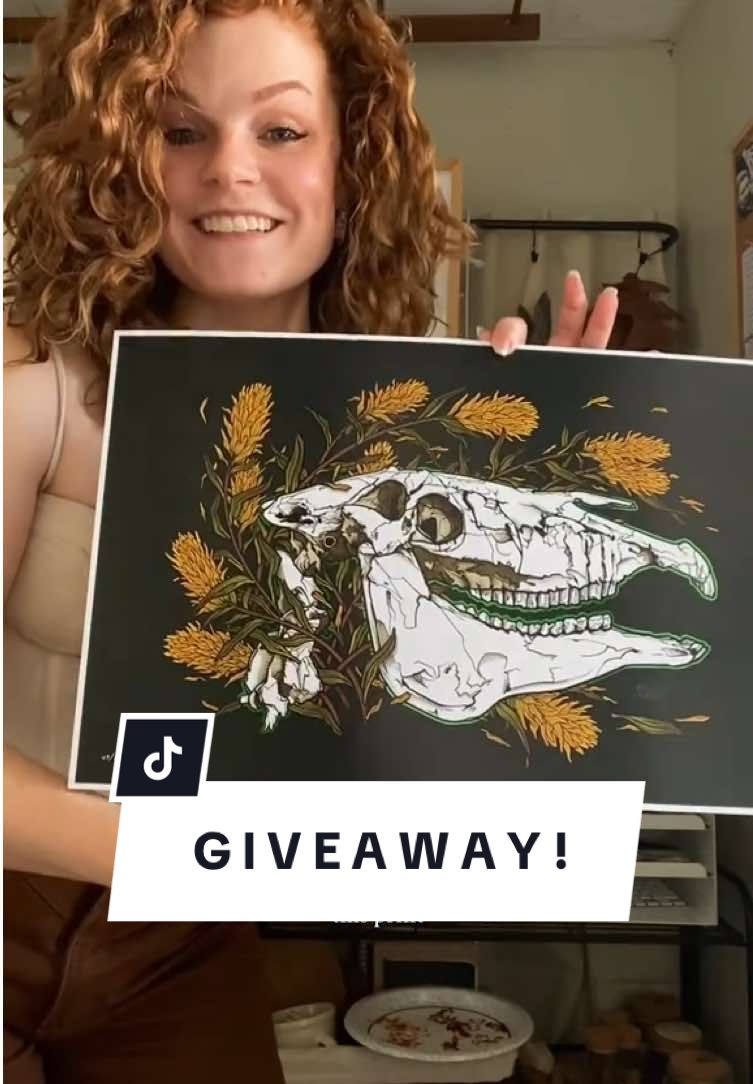Replying to @FaolchuThePainted G I V E A W A Y! Comment a species or weird nature fact you’d like to see me explore in art, I’ll pick a winner at random Nov. 1st!  These limited edition prints sold out in preorder, so sadly if you missed preordering, they’re not longer available, but the open-edition version with the tan background is available now in my online shop!  (This is not affiliated with TikTok in any way.) #odditiesandcuriosities #horse #fossil #curio #specimen  
