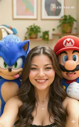 #gemini #prompt  Cree un retrato vertical cinematográfico 4: 5 con el sujeto subido ( persona) centrado en el marco con una expresión alegre y juguetona, ligeramente exagerada como si posara para una selfie. En el lado izquierdo del sujeto, coloque una versión muy detallada y realista de Sonic the Hedgehog con su clásico pelaje azul, ojos verdes y una cara traviesa que saca la lengua. En el lado derecho del sujeto, coloque una versión realista y divertida de Mario de la franquicia Super Mario, con su gorra roja (logotipo M), nariz grande y redonda, bigote grueso y ojos azules, sacando también la lengua y cruzando los ojos con humor. La iluminación debe ser cálida y natural, como una tarde soleada en el interior. El fondo debe incluir elementos caseros suaves: pinturas borrosas, plantas de interior, estantes, pero mantén el enfoque en los tres personajes. Imita una foto de selfie tomada de cerca con una lente gran angular, con un ambiente acogedor y divertido. pixverce texto para el movimieento  | IA • Herramientas • Tecnología: Selfie vertical ultrarealista 9:16 con efecto ojo de pez de mí con [Sonic, Mario]. Todos estamos haciendo caras tontas y exageradas. Ambientado en una pequeña sala luminosa con tonos blancos. Ángulo de cámara alto. Distorsión extrema de ojo de pez. Iluminación realista y cinematográfica. Personajes de estilo anime integrados con realismo estilizado.  #sonic #mariobross  #fyppppppppppppppppp pixverseia