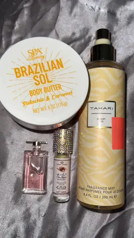 Something slight 🙂‍↕️✨🎀 @Dollar Tree Brazilian sol body butter  Tahari dessert sun body spray  @Crownperfume Choco musk marshmallow perfume oil @Lancôme idole perfume #perfumecombo #lancomeidole #dollartreebodycare #bodybutter 