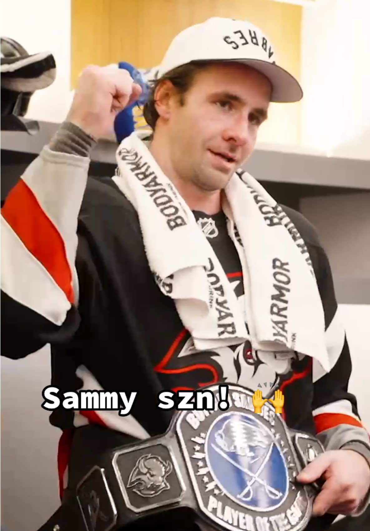 Ras was so excited to give Sammy the belt! 🤣 #NHL #hockey #buffalosabres 