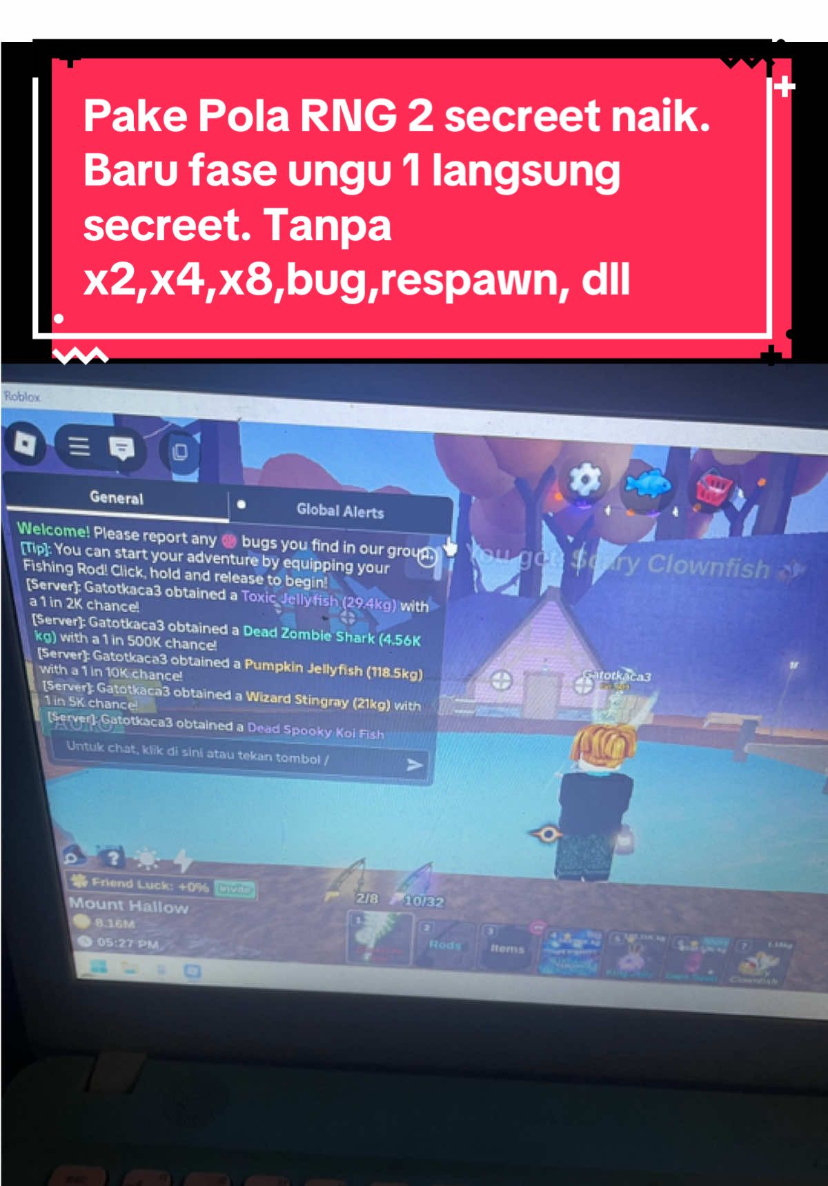 Yang lain: pake x2,x4,x8, respawn, bug. Gue: duduk santai, pake pola RNG fase ungu pertama langsung nongol secreet 🫣 No x2,x4,x8, no respawn, no bug, pure RNG 🎣🔥 #fishit #fishitroblox #rngpattern #unclebot #fyproblox 