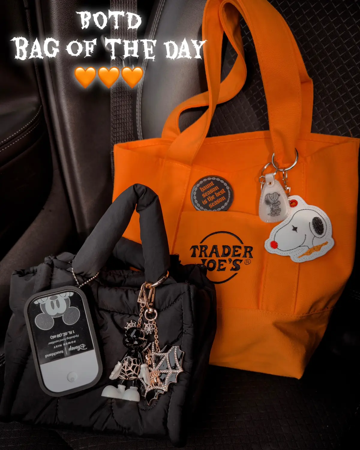 Day 24 — 1 week away from Halloween 🎃 Bags - @Thirty Years @Trader Joe's  Hand Sanitizer & Holder - @touchland [Discount code: MAINSTREETEDIT15] Bag Charms - @BaubleBar @TJ Maxx @Rattlehead Crafts @3Potato4  Button - Rattleheadcrafts  🔗 in ShopMy ✨ #botd #disney #touchland #bagcharm #halloween   