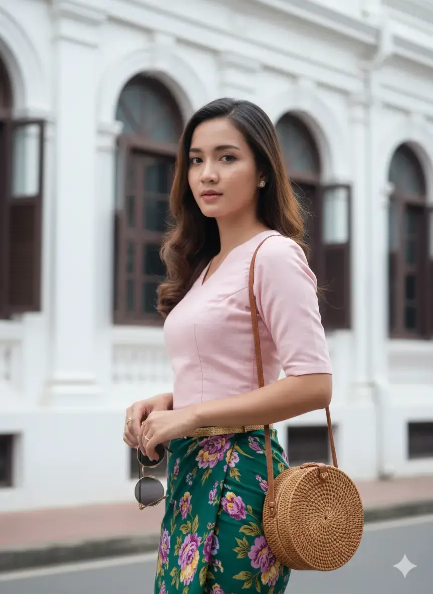 Close-up ultra realistic photo of a stylish woman wearing a traditional Myanmar floral longyi (htamein) and a fitted pastel  blouse with short hand. Her body is 45degree other side. She is holding round sunglasses near her chest and a woven circle rattan handbag. The background is a colonial-style white building with tall windows. Photorealistic, cinematic, fashion photography, natural daylight. #creatorsearchinsights  #fyppppppppppppppppppppppp  #titokforyoupage  #tiktokviral  #ချစ်တဲ့စိတ်လေးနဲ့ကြည့်ပေးပါနော်😘😘😘😘 