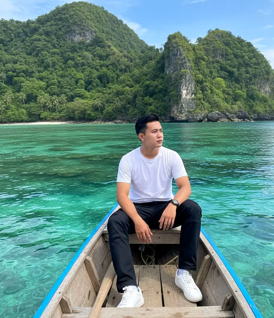 Tutorial edit di GEMINI AI 🫵 1. buka aplikasi Gemini 📲 2. Masukan foto kamu 📸 3. Copy+paste prompt di bawah 👇 ​ PROMPT : Potret ultra realistis 8K, dengan rasio aspek 9:16 (vertikal). Seorang pria muda berambut hitam, bergaya rambut rapi. Pria tersebut mengenakan kaos putih, celana cargo hitam panjang, dan sepatu sneakers putih. Ekspresinya tenang dan natural, mungkin sedikit melihat ke kejauhan. Pria tersebut sedang duduk santai di atas perahu kayu tradisional Indonesia (mungkin perahu nelayan atau perahu kecil) yang terapung di perairan laut yang jernih. Latar Belakang: Pemandangan bukit tinggi Pulau Nuca Molas, Nusa Tenggara Timur (NTT). Latar belakang menampilkan perbukitan curam yang diselimuti hutan hijau lebat dan tebing-tebing tinggi yang dramatis, memberikan kesan 