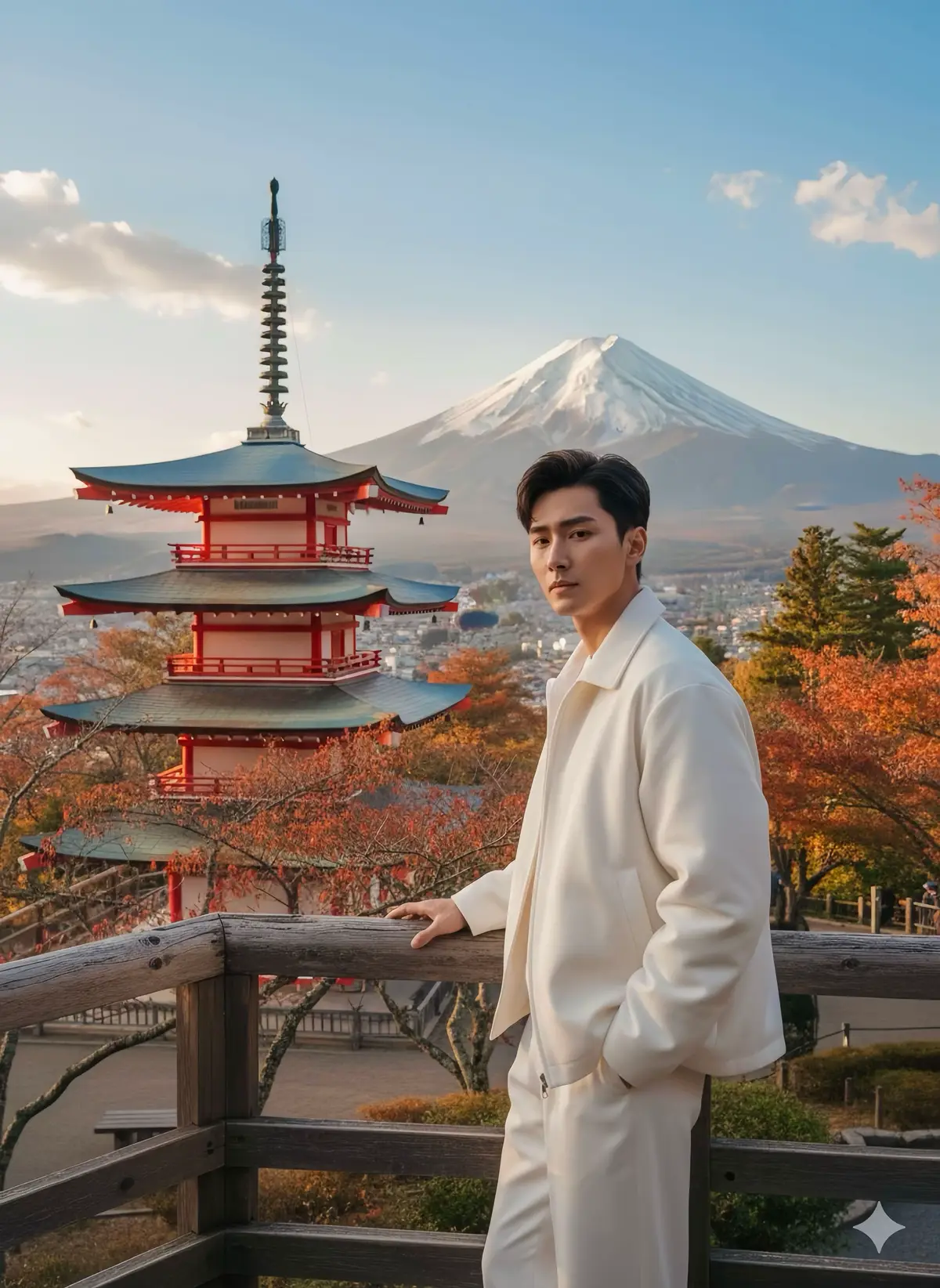1. Open Gemini 📲 2. Upload your image 📸 3. Copy the Prompt👇 A cinematic outdoor portrait at the Chureito Pagoda viewpoint in Japan, with Mount Fuji in the background under a clear blue sky and soft clouds. A young man stands on the terrace, slightly turned sideways about 30 degrees, one hand resting casually on the railing, his head turned toward the camera with a confident and calm expression. His face and hairstyle match the reference image, with clear, sharp facial details, natural skin tone, and no sunlight directly on his face. He wears an all-white outfit — a puffer jacket and loose pants — creating a clean, minimalist, elegant look. Soft golden-hour light warms the scene, illuminating the pagoda, Mount Fuji, and the red-orange autumn foliage, creating a serene cinematic composition. — 8K, ultra-realistic, confident expression, sharp facial detail, cinematic lighting, warm tones, natural balance, golden-hour atmosphere, shallow depth of field. #genanhai #aiart #photo #gemini #fyp 