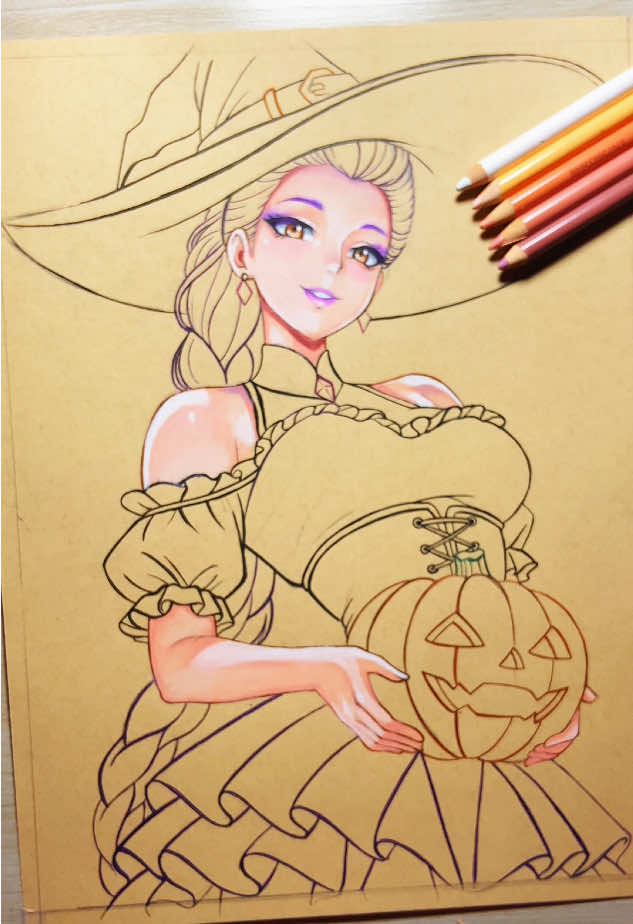 Witch Rumi WIP!🧙‍♀️💜 After drawing Vampire Zoey, I wanted to draw the rest of the HUNTR/X members in Halloween outfits!🎃 Hope you like her so far!  #kpopdemonhunters #rumi #fyp #animeart #animedrawing 