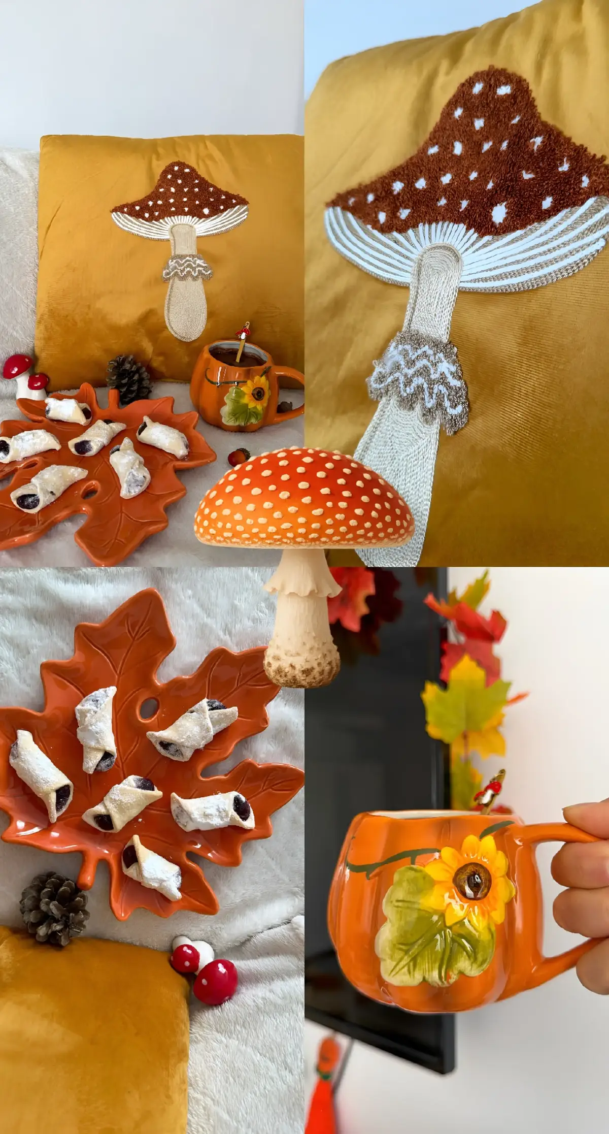 🍄 O zi perfectă de toamnă, cu arome dulci și mici bucurii. O cană caldă, un platou plin de bunătăți și detalii care aduc zâmbete – ciupercuțe, frunze ruginii și o pernă care pare desprinsă dintr-o poveste de pădure. E timpul acela din an în care totul devine mai blând, mai cald și mai colorat. 🌰☕️ toamna, decor de toamna, vibe de toamna, cozy vibes, autumn aesthetic, fall mood, casa mea, decor natural, culorile toamnei, homemade, bucura-te de toamna, autumn decor, warm colors, cozy home, hygge feeling, autumn leaves, fall inspiration, comfort zone, sweet moments, fall treats, cottagecore, pumpkin season, leaf lover, mushroom decor, cozy season