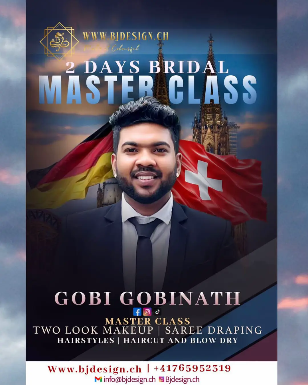 2 DAYS BRIDAL MASTER CLASS ✨ With International Artist Gobi Gobinath We are excited to bring an exclusive, hands-on Bridal Master Class to Germany and Switzerland. Elevate your skills with the latest professional techniques in: ✅ Two Look Bridal Makeup ✅ Saree Draping ✅ Bridal Hairstyles ✅ Haircut & Blow Dry Perfect for Makeup Artists who want stronger portfolio quality and premium bridal styling skills. 📍 Locations: Germany & Switzerland 📅 Dates: Will be announced soon 🎓 Certification Provided 📩 Limited seats | Early booking recommended For Registration & Details: 🌐 www.bjdesign.ch 📞 +41 765952319 📧 info@bjdesign.ch 📸 @bjdesign.ch 👤 @gobi_gobinath ——————— #BridalMasterClass #MakeupMasterClass #GobiGobinath #BJDesign #BridalMakeupTraining              
