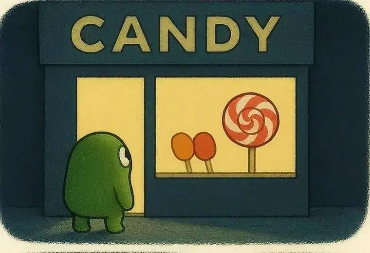 Có một chú sinh vật màu xanh nhỏ nhắn, đáng yêu luôn mơ ước được thưởng thức một chiếc kẹo mút to tròn, xoắn đỏ trắng. Mỗi lần đi ngang cửa tiệm kẹo, chú lại dừng chân, mắt tròn xoe nhìn vào món khoái khẩu ấy với niềm ao ước. Và rồi, điều kỳ diệu đã đến! Chú đã có được chiếc kẹo mút trong mơ. Ánh mắt vui sướng, nụ cười hạnh phúc và cả dáng đi tung tăng dưới tán cây – tất cả tạo nên một khung cảnh giản dị mà ngọt ngào đến lạ. Hạnh phúc đôi khi chỉ đơn giản là một chiếc kẹo và một trái tim biết trân trọng những điều nhỏ bé. cre: @sicula #CandyLove #KeoMút #ChúXanhDễThương #TruyệnTranhNgọtNgào #NiềmVuiNhỏBé #HạnhPhúcGiảnĐơn #LollipopJoy #SweetMoment #CuteCharacter #DailyHappiness