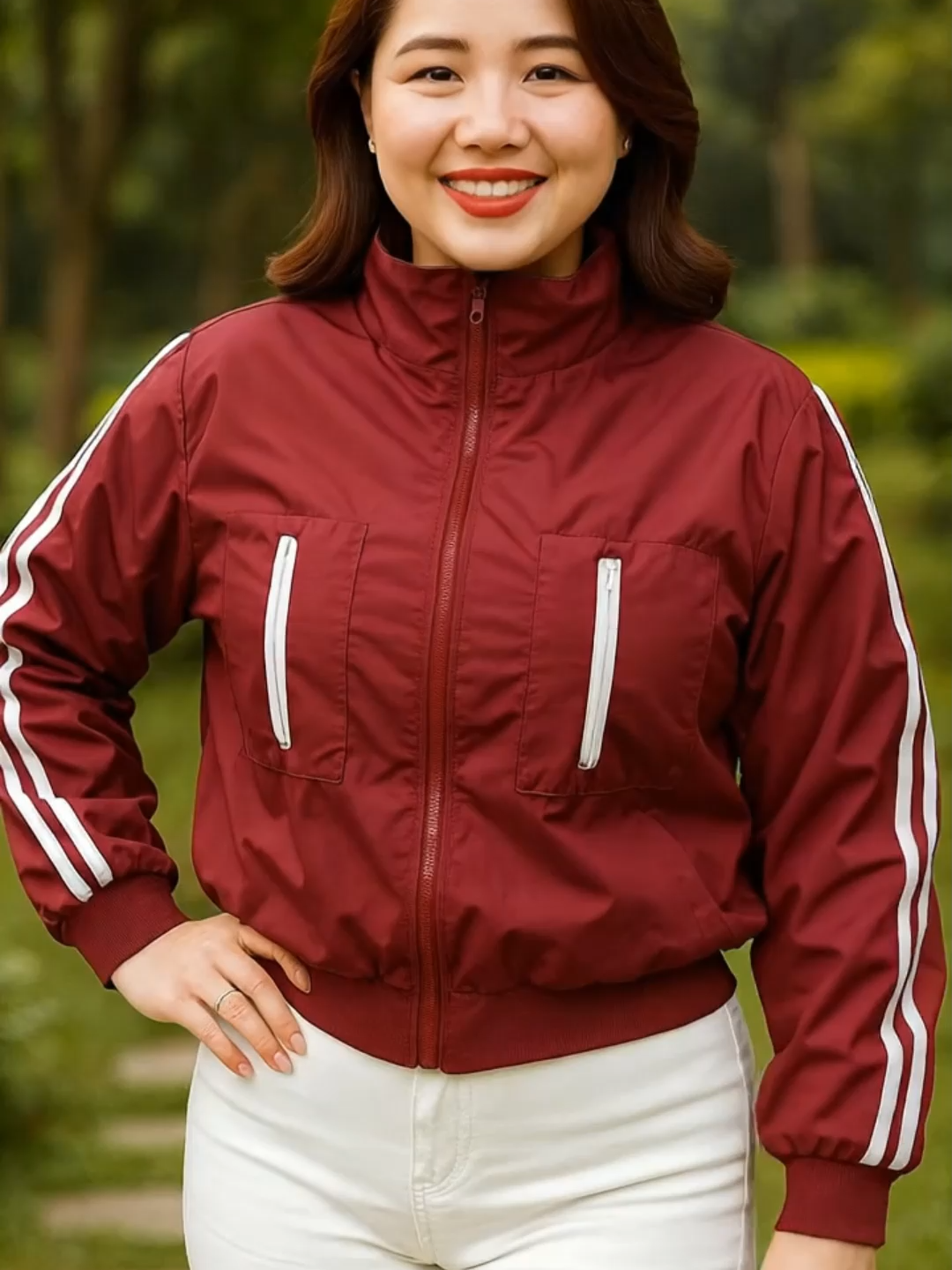 AULINGIRLS Áo Khoác Thể Thao Chất Gió Lót Lông Dày Mịn Dáng Ngắn Croptop Màu Đỏ Đô Sọc Trắng Tay Cổ Đứng Khóa Trước Hai Túi Ngang Ngực Phong Cách Độc Đáo Cho Nữ Trẻ Trung #thoitrangnu #aokhoacnu