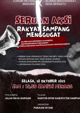 “SUARA YANG TERTUNDA” “Ketika demokrasi lokal dibangun dari suara rakyat desa, Pilkades  menjadi simbol kedaulatan rakyat yang paling nyata. Namun kini, Sampang memilih untuk Menunda Bukan karena bencana, bukan pula karena adanya kendala Melainkan karena potongan kue belum cukup untuk dibagi rata.” “Pemerintah kabupaten sampang Kembali berulah setelah menunda adanya pemilihan kepala desa dari tahun 2021. Terdengar kabar bahwa pada rapat anggaran APBD Tahun 2026 juga tidak terdapat anggaran untuk penilihan kepala desa.  Bagi sebagian orang, ini mungkin hanya soal teknis anggaran. Namun bagi warga desa, penundaan Pilkades berarti penundaan hak konstitusional mereka — hak untuk memilih pemimpin secara langsung. Sehingga jangan kaget jika rakyat sudah mulai ingin mengambil kemudi “Tak tinggal diam, warga dari sejumlah desa mulai bersuara. Mereka mengajukan protes ke kantor DPRD, dan bahkan menggalang dukungan melalui media sosial. tanpa disadari keputusanyang diambil oleh pemerintah kabupaten sampang ini memunculkan banyak sekali spekulasi-spekulasi liar, yang bahkan dapat merugikan pada kestabilan kabupaten sendiri. Karna sekali lagi, “Bagi masyarakat, ini bukan sekadar soal anggaran. Ini tentang keadilan dan kepastian hukum. apalagi adanya penundaan Pilkades tanpa dasar yang jelas, itu sama saja dengan meniadakan hak demokrasi desa.” “Penundaan Pilkades menimbulkan kekosongan kepemimpinan di desa. Pejabat sementara (Pj. Kepala Desa) ditunjuk tanpa melalui proses pemilihan. Kebijakan ini menimbulkan keresahan dan kecurigaan politik: Siapa yang diuntungkan? Mengapa rakyat dibiarkan menunggu dalam ketidakpastian?” Sementara itu, roda pemerintahan desa berjalan tersendat — pembangunan tertunda, pelayanan publik melambat, dan kepercayaan masyarakat terhadap pemerintah... mulai luntur.” “Warga kini bersatu menyuarakan satu tuntutan: Segera laksanakan Pilkades! Kembalikan hak demokrasi desa! Karena bagi mereka, suara rakyat tidak boleh ditunda. Kedaulatan desa harus dijaga — bukan dirudapaksa “Perlawanan terhadap kebijakan yang tidak adil bukanlah bentuk permusuhan. Itu adalah bentuk cinta , cinta terhadap desa, terhadap demokrasi, terhadap Indonesia. Karena di setiap sudut desa, rakyat hanya ingin satu hal: Pemimpin yang lahir dari pilihan mereka sendiri.”  “Suara rakyat jangan ditunda.” #LaksanakanPilkades #KeadilanUntukDesa