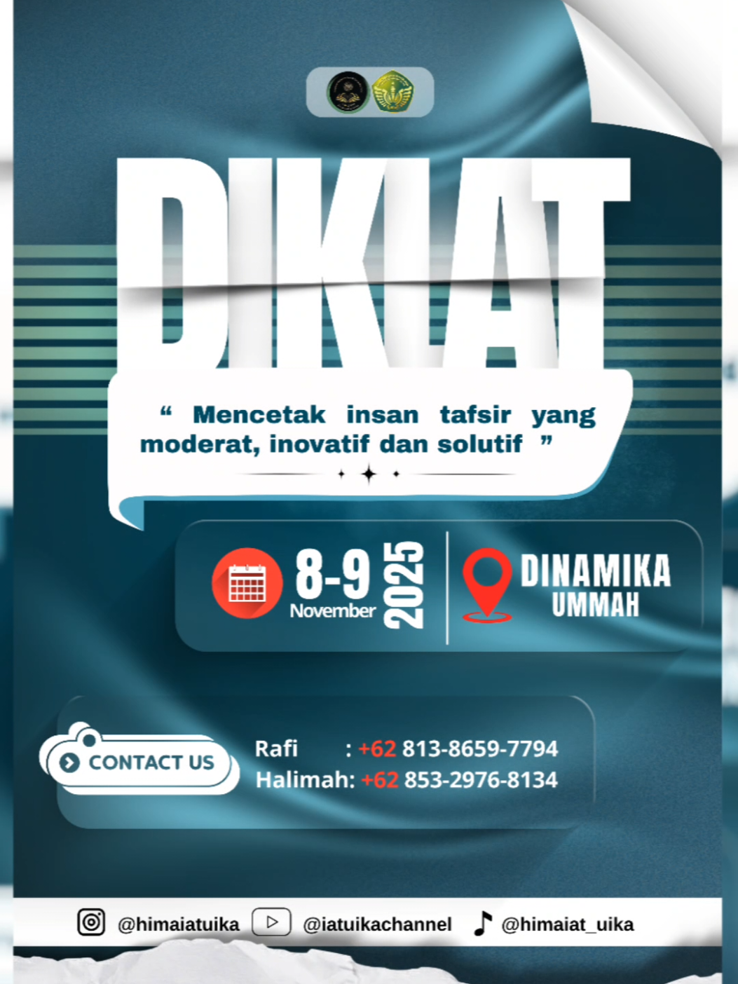 Assalamu’alaikum sobat dakwah 🌿 Siapkah kamu melangkah menuju proses pembinaan yang lebih bermakna? Diklat IAT 2025 segera hadir membawa semangat baru untuk membentuk pribadi Qur’ani yang kritis, kreatif, dan kontributif ✨ Kegiatan ini menjadi ruang bagi mahasiswa Ilmu Al-Qur’an dan Tafsir untuk mengenal lebih dalam nilai-nilai organisasi, kepemimpinan, dan ukhuwah. Bersiaplah, pintu telah terbuka — saatnya kita menjemput proses dan keberkahan bersama 💫 Follow untuk info selengkapnya 📲 Instagram: @himaiatuika Tiktok : iatuika Youtube : iatuikachanel #DiklatIAT2025 #IATUIKA #HIMAIAT #UIKABogor #GenerasiQurani