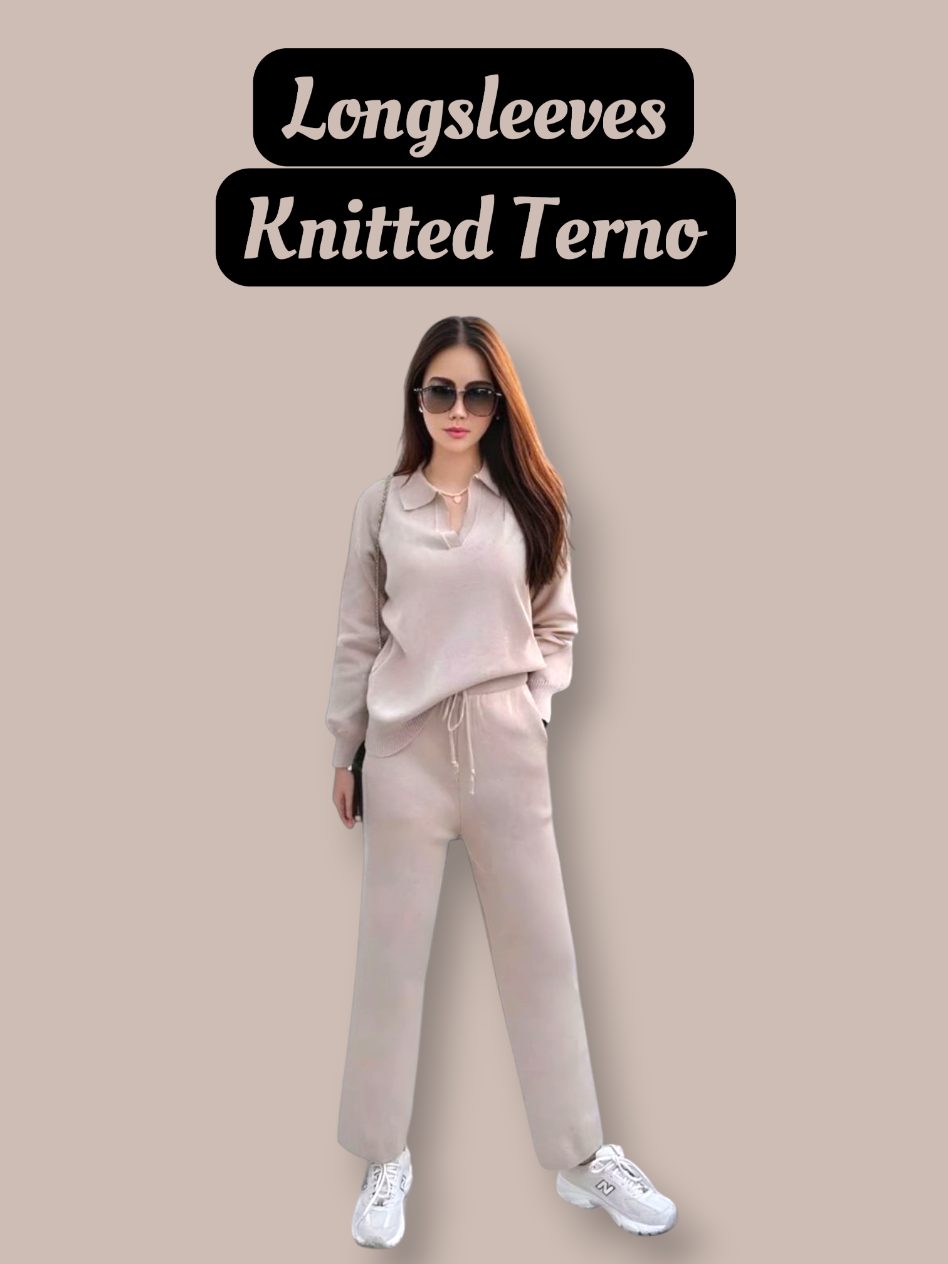 Chic and comfy in one! 💕 This knitted terno set features a stylish collar neck long sleeve top and side pocket drawstring pants — perfect for casual days or lounging in style! 😍✨ #OOTD #TernoSet #KnittedCoords #ComfyChic #FashionFind 