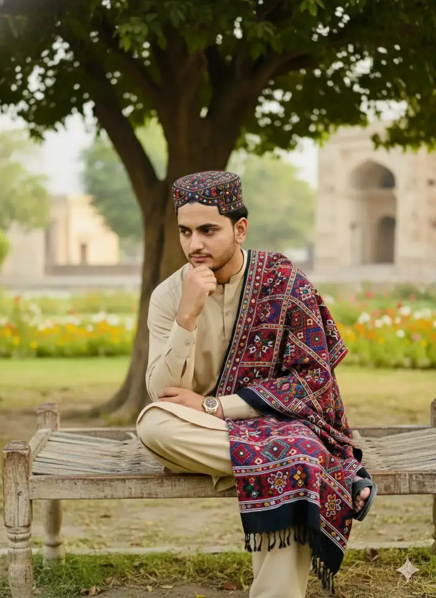 A traditional culture Sindhi man sitting and thinking deeply, wearing a classic Sindhi topi with detailed embroidery, ajrak draped gracefully on shoulders dressed in traditional Sindhi shalwar kameez natural soft light realistic skin texture cinematic colors authentic Sindhi culture vibe high resolution portrait photography style ultra detailed face Sharp focus background slightly blurred for depth sitting in ladki iske paon mein soye hue o ladki ka chehra samne hona chahie aur ladke ke chehre ke munh mein smile honi chahie vah ladki paon mein honi chahie my face
