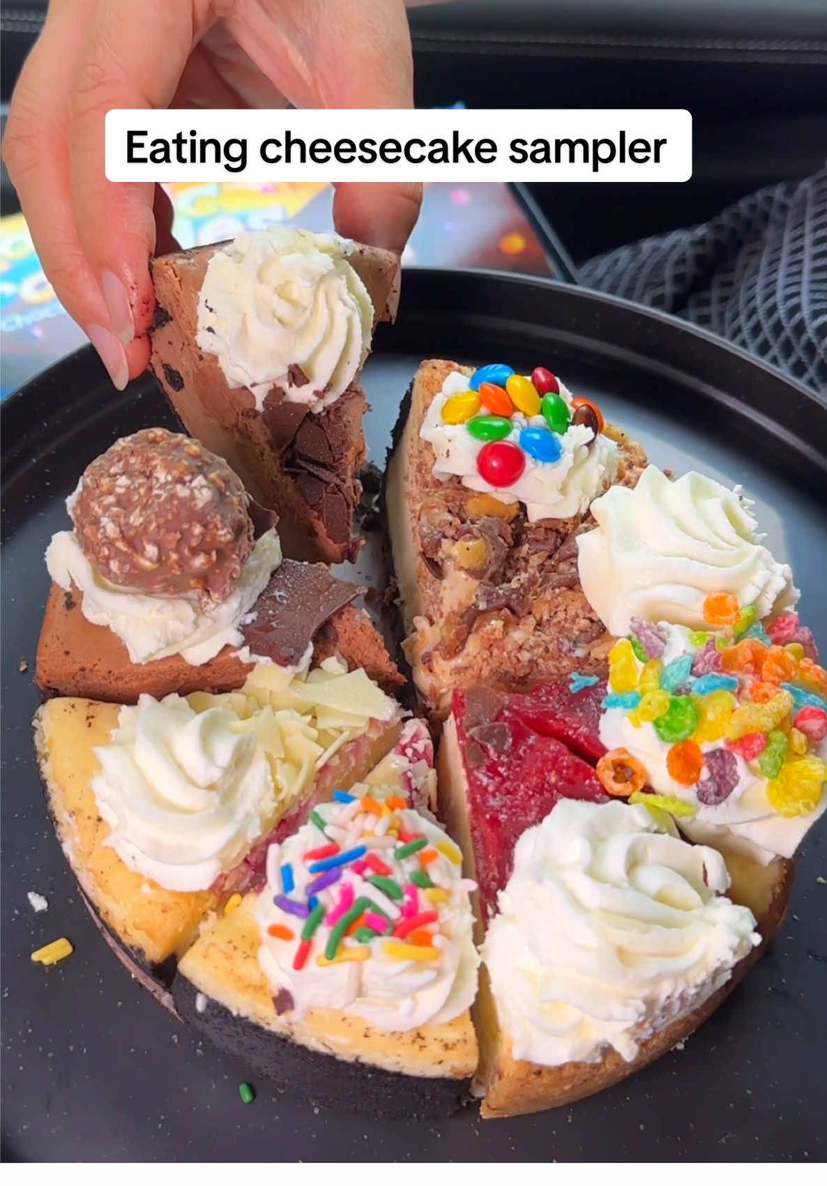 Do you think you can finish this massive cheesecake sampler for breakfast? My favorite has to be the Ferrero Rocher chocolate snickers cheesecake #food #eating #mukbang #cake #chocolate 