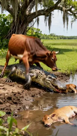 The old cow stomped on the crocodile desperately to save the calf.