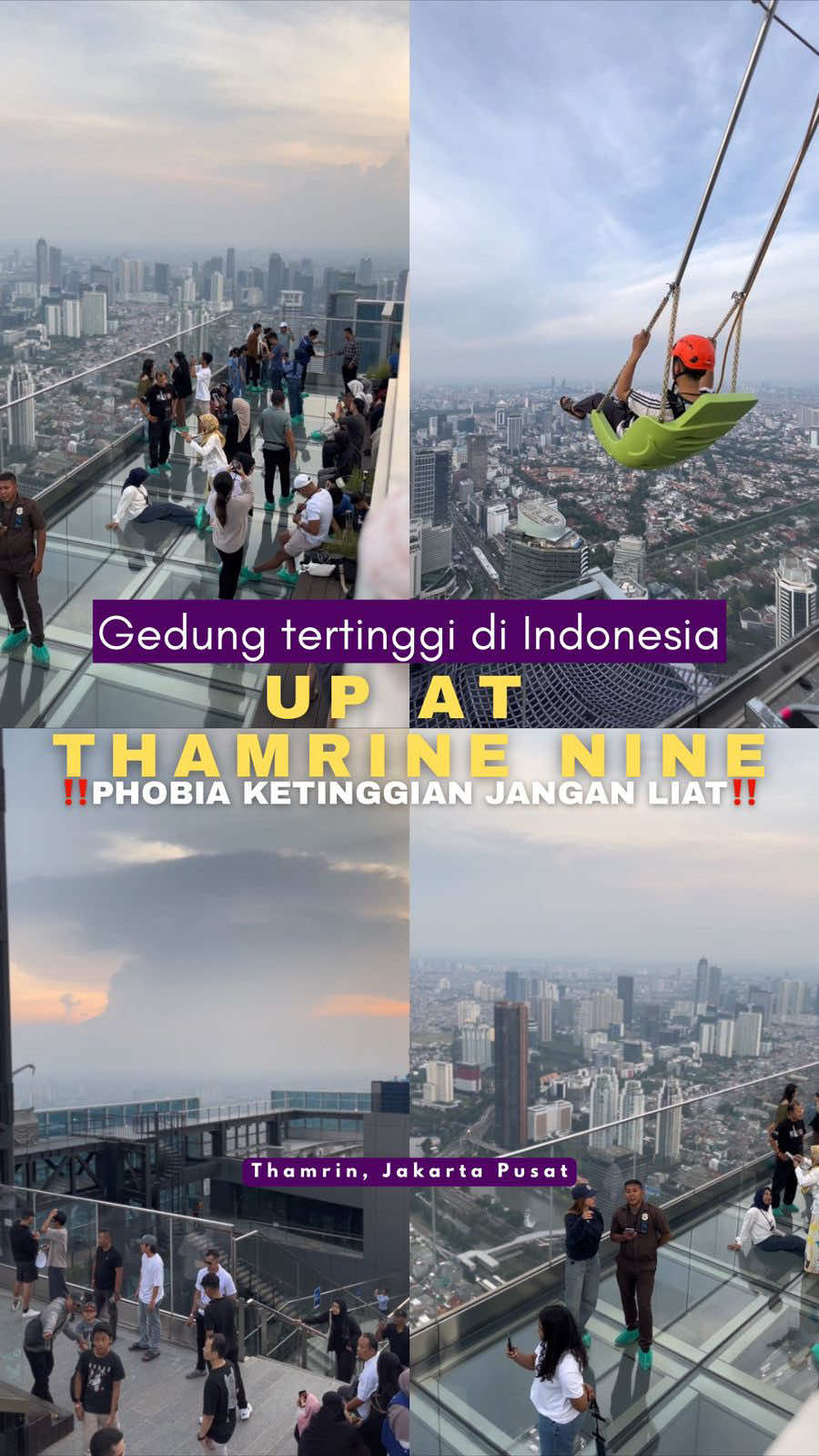 Kamu berani ga? 🤯  Main ayunan di atas gedung TERTINGGI di Indonesia! This is next level! 🏙️ Gila, di Thamrin Nine kita bisa jalan di atas lantai kaca (auto lemes 🫠) dan beneran main ayunan di pinggir gedung. View-nya gaada obat, apalagi pas sunset. Keren + deg-degan combo! 💯 Buat yang phobia ketinggian... ya, mending liat dari jauh aja kali ya, WKWK. Coba TAG temen kalian yang ngakunya paling pemberani! Berani dia naik ini? 👀 #menyalajakartaku #jktinfo #infojakarta #explorejakarta #placetogojkt  