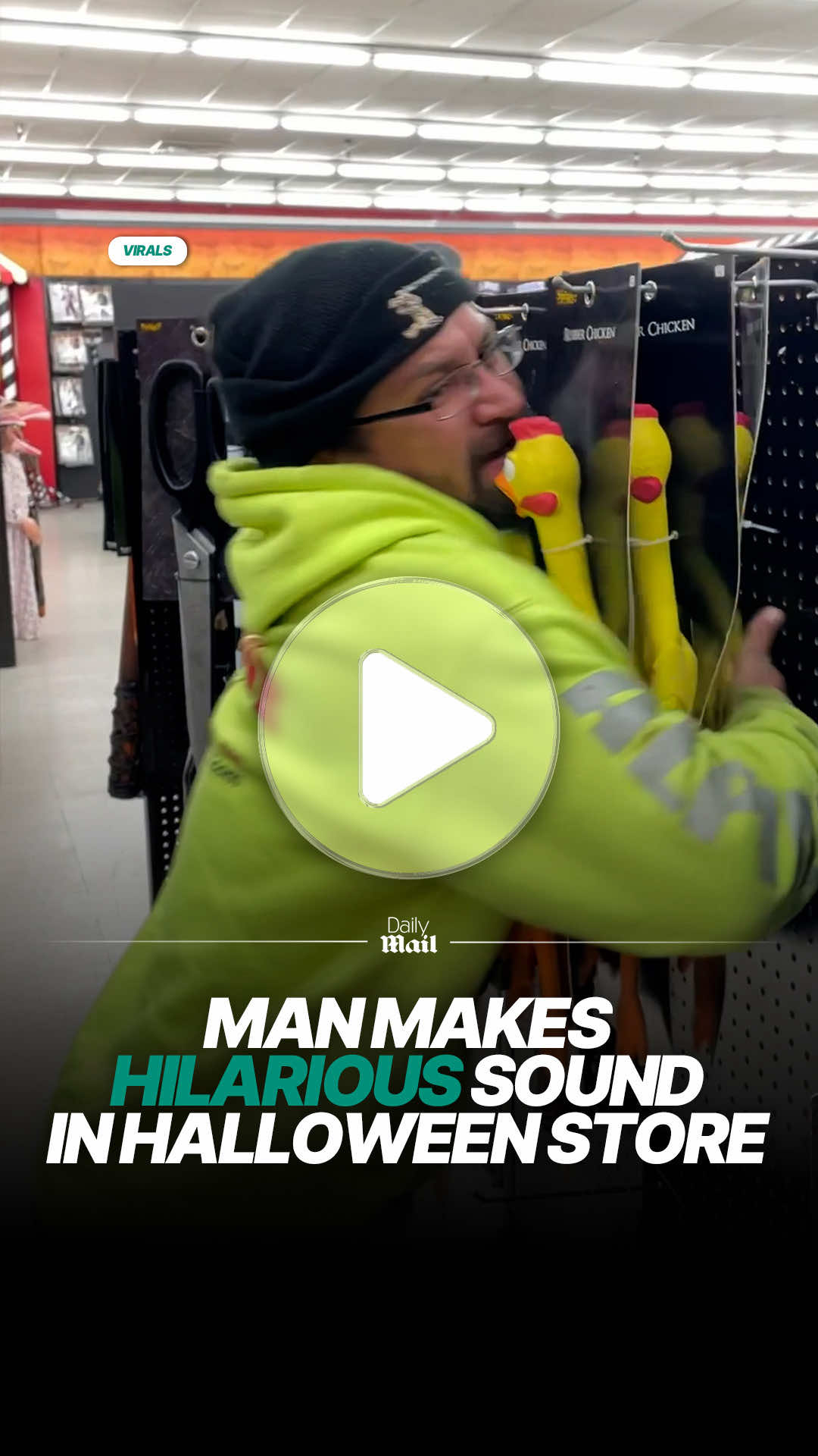 Man makes hilarious sounds clucking around halloween store. He then walks away like he didn’t cause that to happen 😭 📸 ViralHog #halloween #funny 