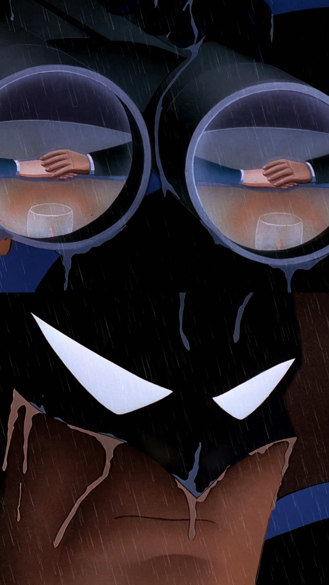 In Batman: Mask of the Phantasm (1993), rain serves as a key motif in one of the most emotional moments in the animated film. As the water runs down Batman’s cowl and face, it becomes impossible to tell whether he’s crying or not. Although the intentionality of this artistic choice has never been confirmed, viewers interpret it as a deliberate way to preserve Batman’s stoicism while still conveying his sadness. The effect deepens the film’s tone, balancing emotion with restraint and highlighting the divide between Bruce Wayne’s pain and Batman’s composure. It allows him to remain the controlled, enigmatic Dark Knight, even in heartbreak.