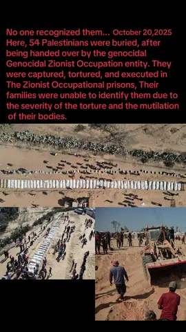No one recognized them... Here, 54 Palestinians were buried, after  being handed over by the genocidal  Genocidal Zionist Occupation entity. They  were captured, tortured, and executed in  The Zionist Occupational prisons, Their  families were unable to identify them due to  the severity of the torture and the mutilation  of their bodies. #FreePalestinianHostages #EndZionistOccupation #BoycottZionistOccupation #ArrestZionistOrganization  #Blocchiamotutto