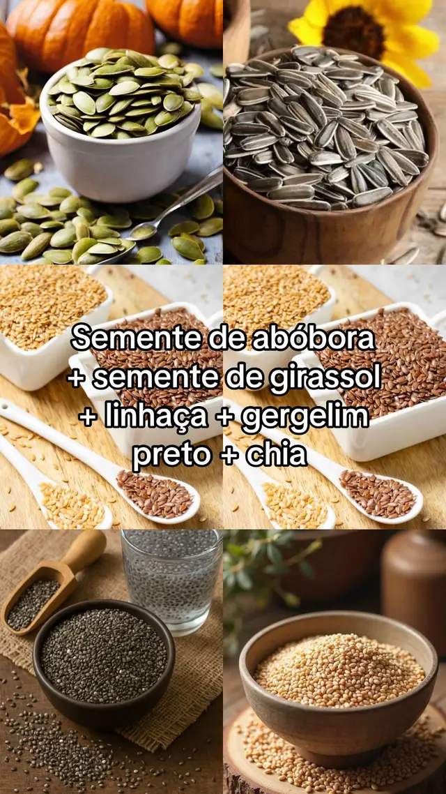 Ingredientes: Semente de abóbora: Rica em magnésio, ajuda na regulação hormonal, alivia fogachos e mantém a pele hidratada. Semente de girassol: Fonte de zinco e outros nutrientes que fortalecem a saúde feminina. Linhaça: Rica em ômega-3 e fibras, ajuda a equilibrar os hormônios e melhora a saúde do coração e do intestino. Chia: Excelente fonte de cálcio e magnésio, que contribuem para a saúde óssea, além de aumentar a saciedade. Gergelim (preto e branco): Rico em cálcio, ajuda a prevenir osteopenia e osteoporose. Modo de Preparo: Coloque as sementes de abóbora e girassol em uma panela em fogo médio e torre levemente por 3 a 5 minutos, mexendo para não queimar. Deixe esfriar e armazene em um pote de vidro bem fechado junto da linhaça triturada da Chia e do gergelim. • Triture a linhaça no liquidificador para que seja melhor absorvida antes de colocar no vidro. Como Usar: Adicione 1 a 2 colheres de sopa do mix em saladas, iogurtes, sucos, vitaminas ou no lanche da tarde. Benefícios: Equilíbrio hormonal: Linhaça e semente de abóbora podem ajudar a regular os hormônios. Saúde óssea: Chia e gergelim são fontes de cálcio e magnésio, que fortalecem os ossos. Saúde do coração: Linhaça é rica em ômega-3, que ajuda a proteger o coração. Saúde do intestino: Chia e linhaça são ricas em fibras, que promovem a saúde intestinal e a saciedade. Fortalecimento de cabelos e unhas: A combinação de nutrientes presentes nas sementes contribui para a saúde do cabelo e das unhas. Melhora da pele: A semente de abóbora auxilia na hidratação da pele. Mais energia: As sementes fornecem nutrientes que contribuem para aumentar a energia. E você, sabia de todos esses benefícios da semente para a mulher 40+?? Curte e compartilha com quem vc ama #menopausa #saúdedamulher #mulher
