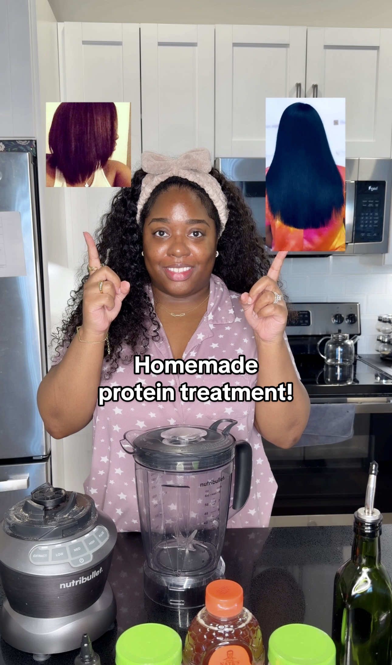 I’ve literally been using this homemade protein treatment since 2014*  Ingredients:  1-2 jars (12 oz) Mayo  1 egg 1 tbsp Raw honey  1 banana 1 avocado (soft)  1 tbsp Olive oil  1 tbsp Jamaican black castor oil  *Blend until smooth. Let sit for 30 minutes (DO NOT WRAP HAIR). Rinse out with cool water!  Stay tuned for Part 2 for more details! #hairtok #fyp 