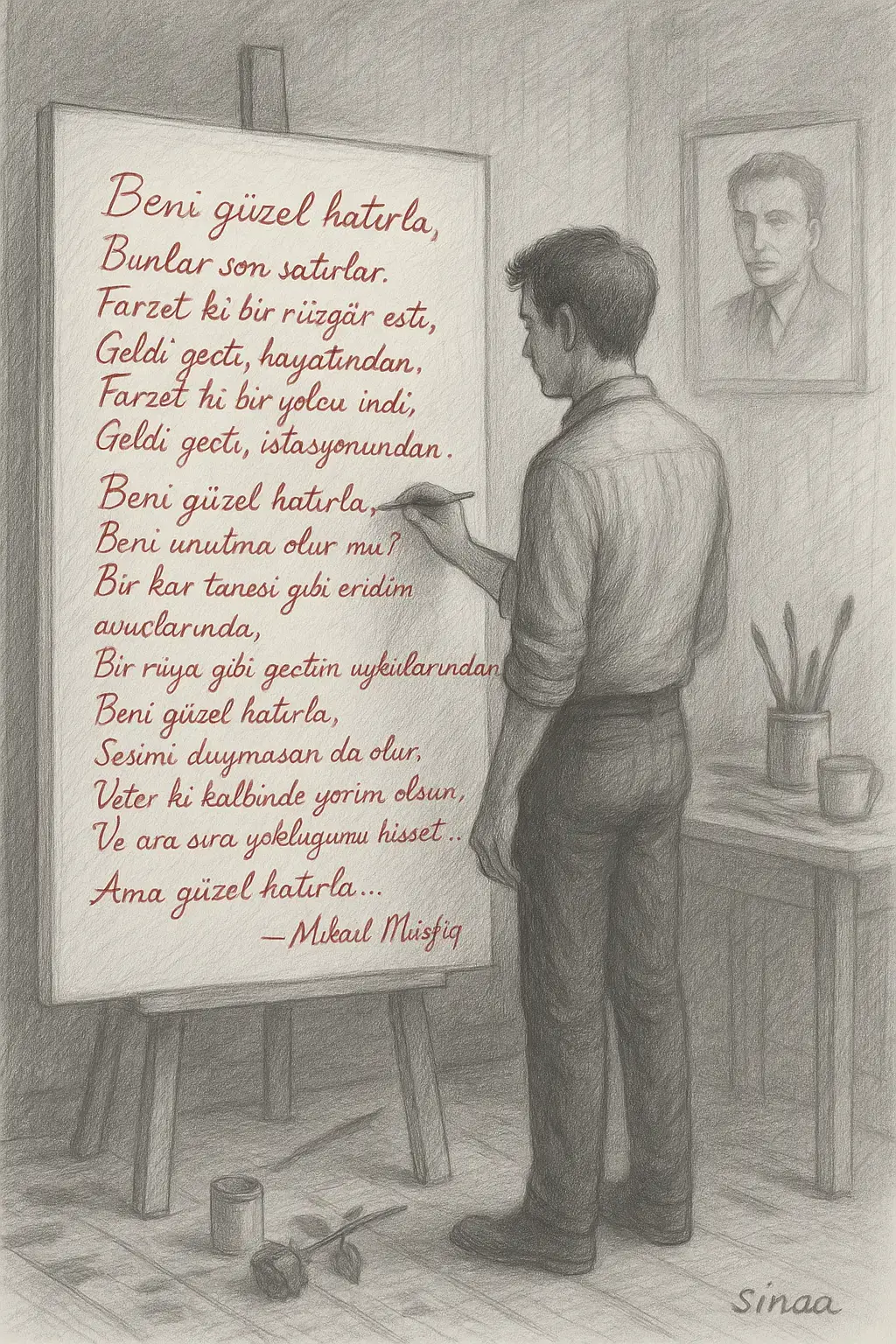 Tuvaldeki şiir, kalpteki sükûnetin yankısıdır..  #BeniGüzelHatırla #MikailMüşfiq #Sinaa #KaraKalemSanatı #ŞiirVeÇizgi